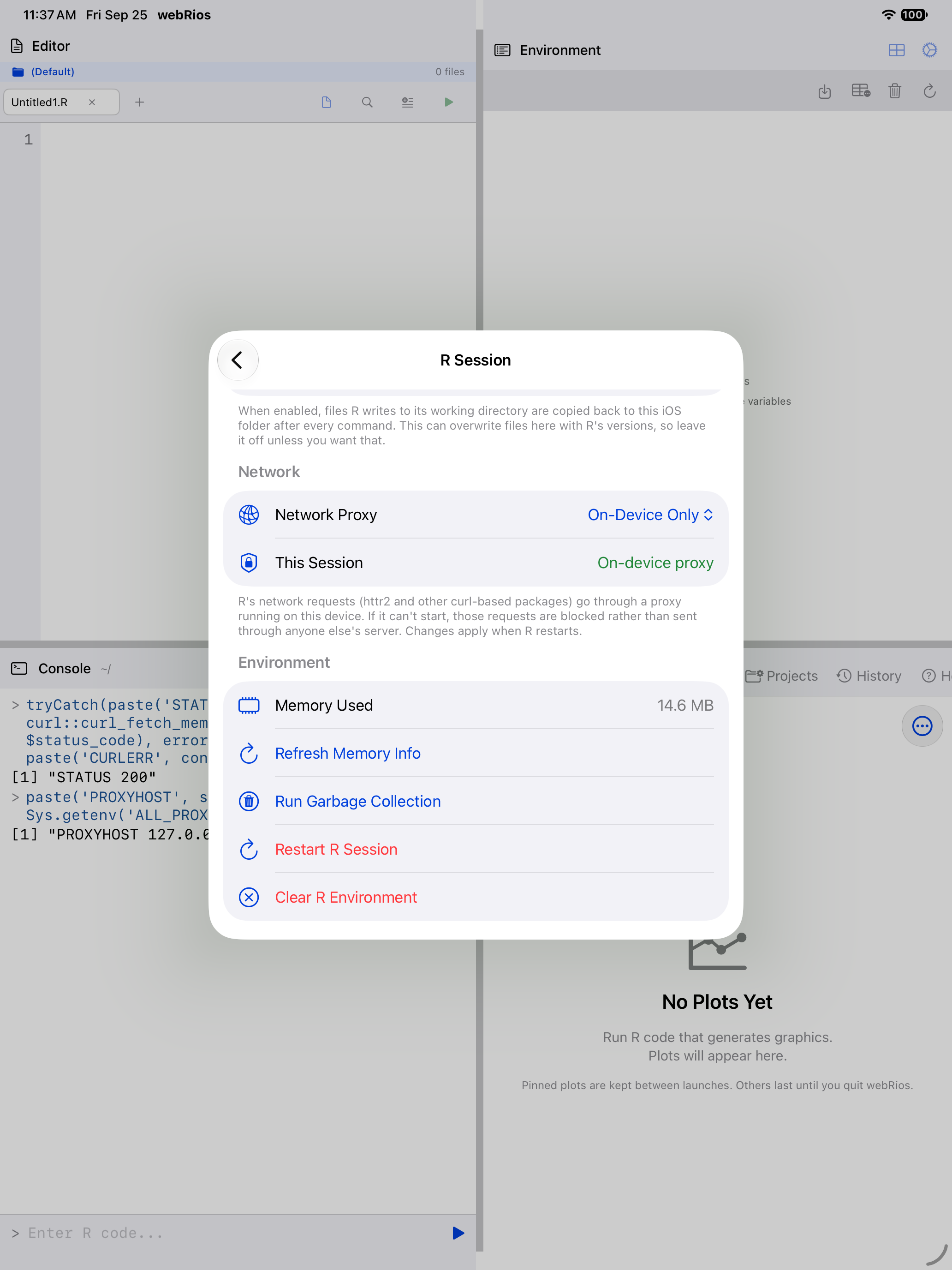 R Session settings on iPad with the Network section showing Network Proxy set to On-Device Only