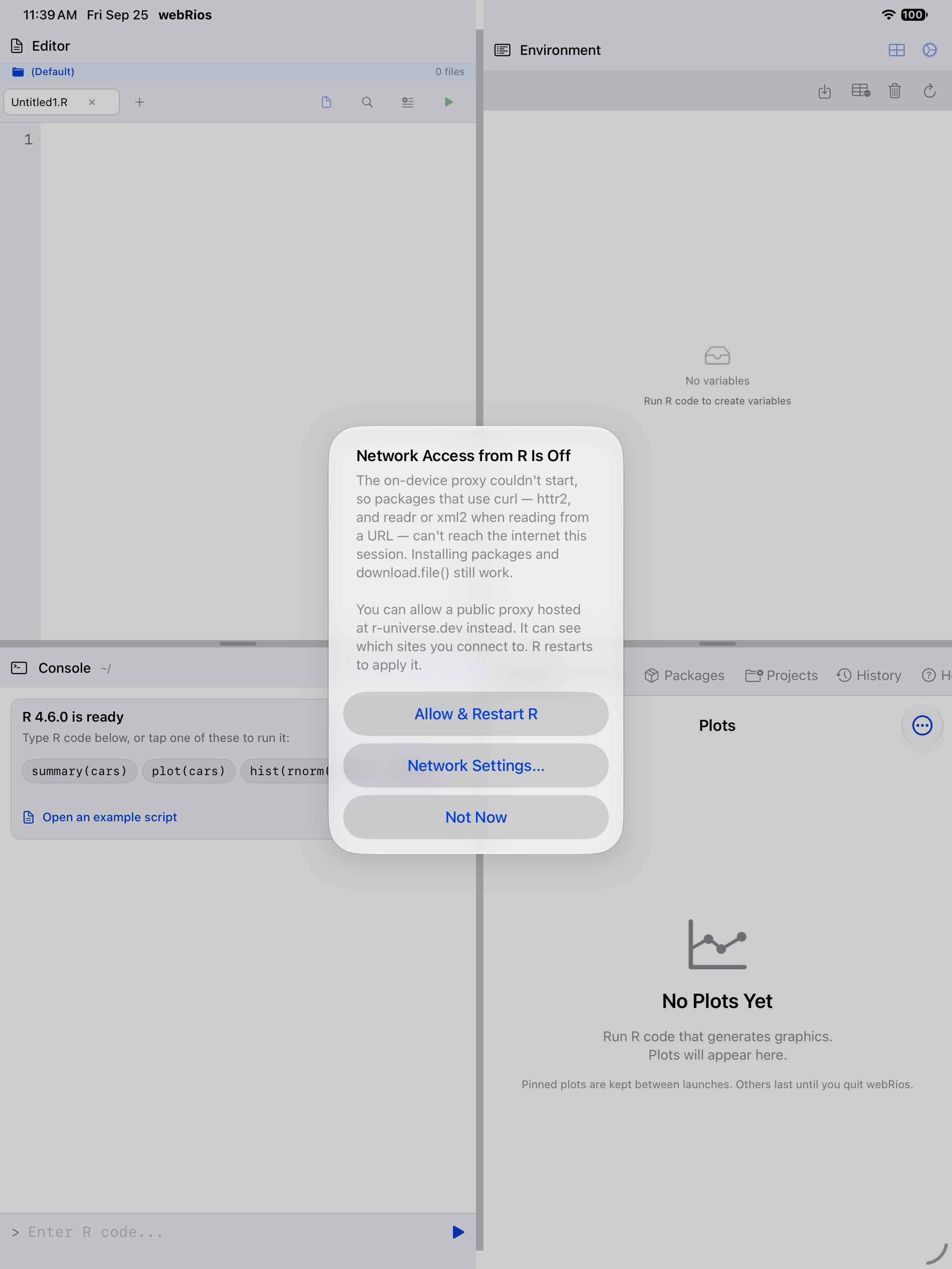 Alert on iPad titled Network Access from R Is Off over the four-pane workspace