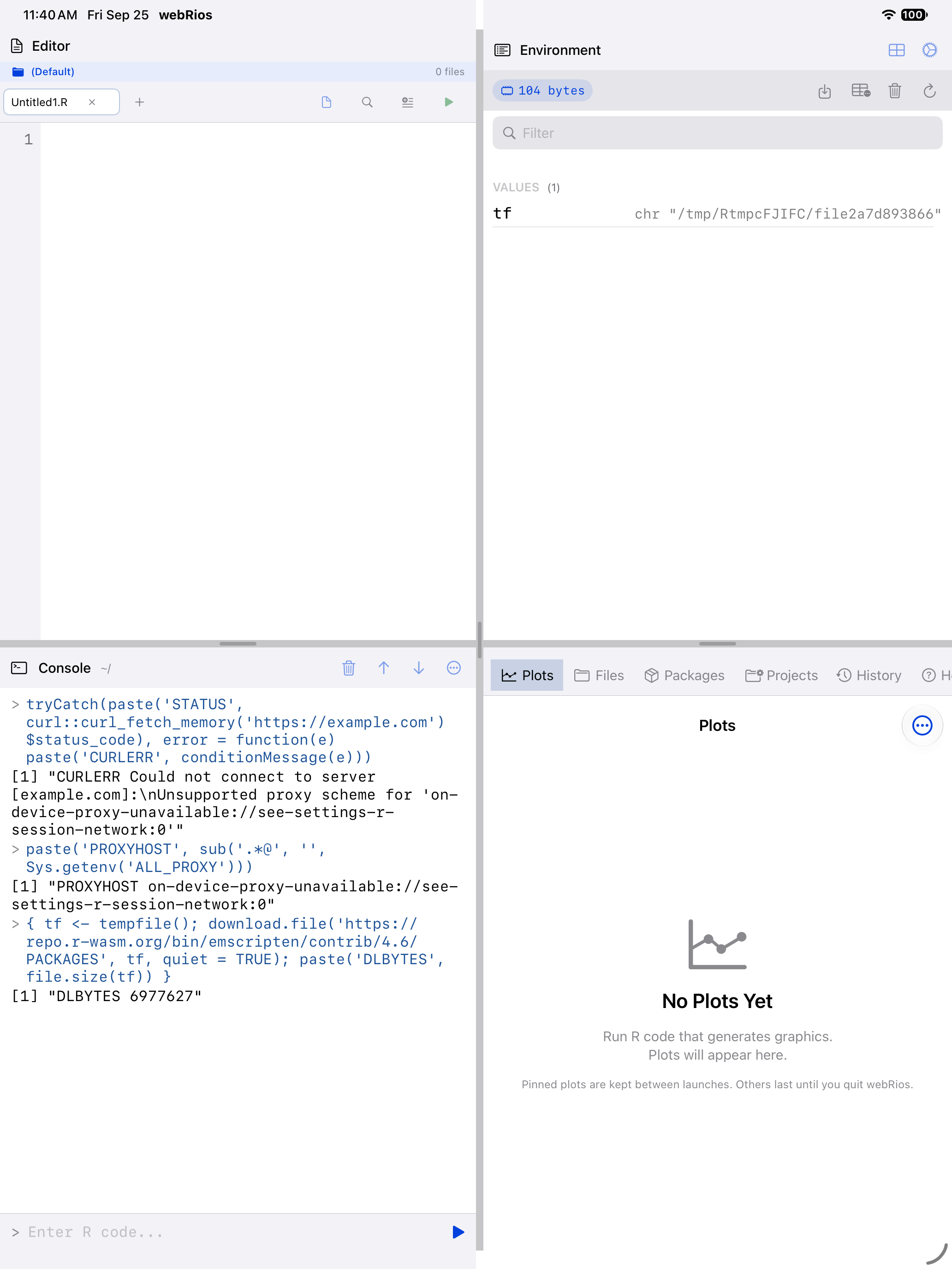 Console on iPad showing the blocked-proxy error from curl alongside a successful download