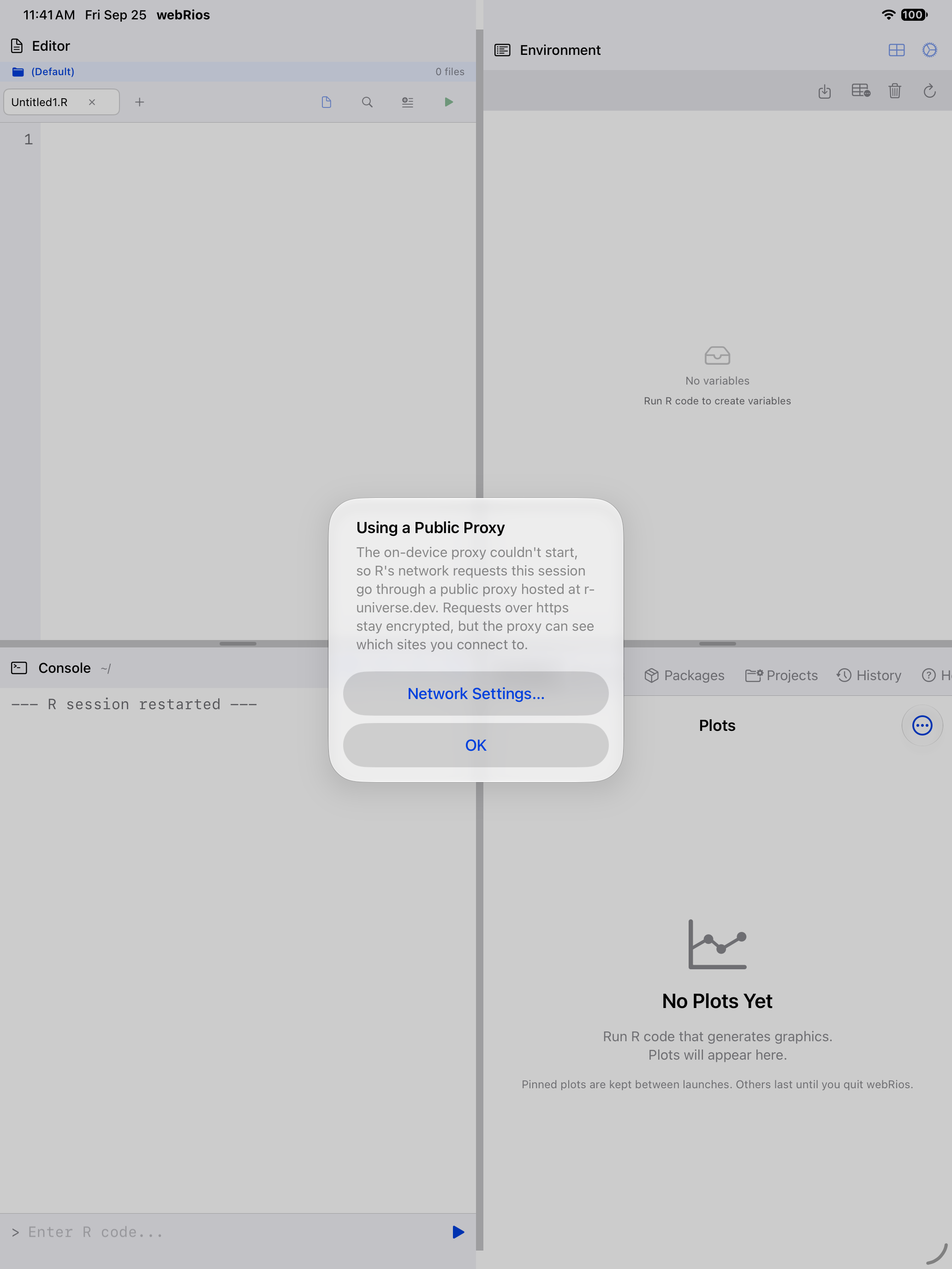 Alert on iPad titled Using a Public Proxy
