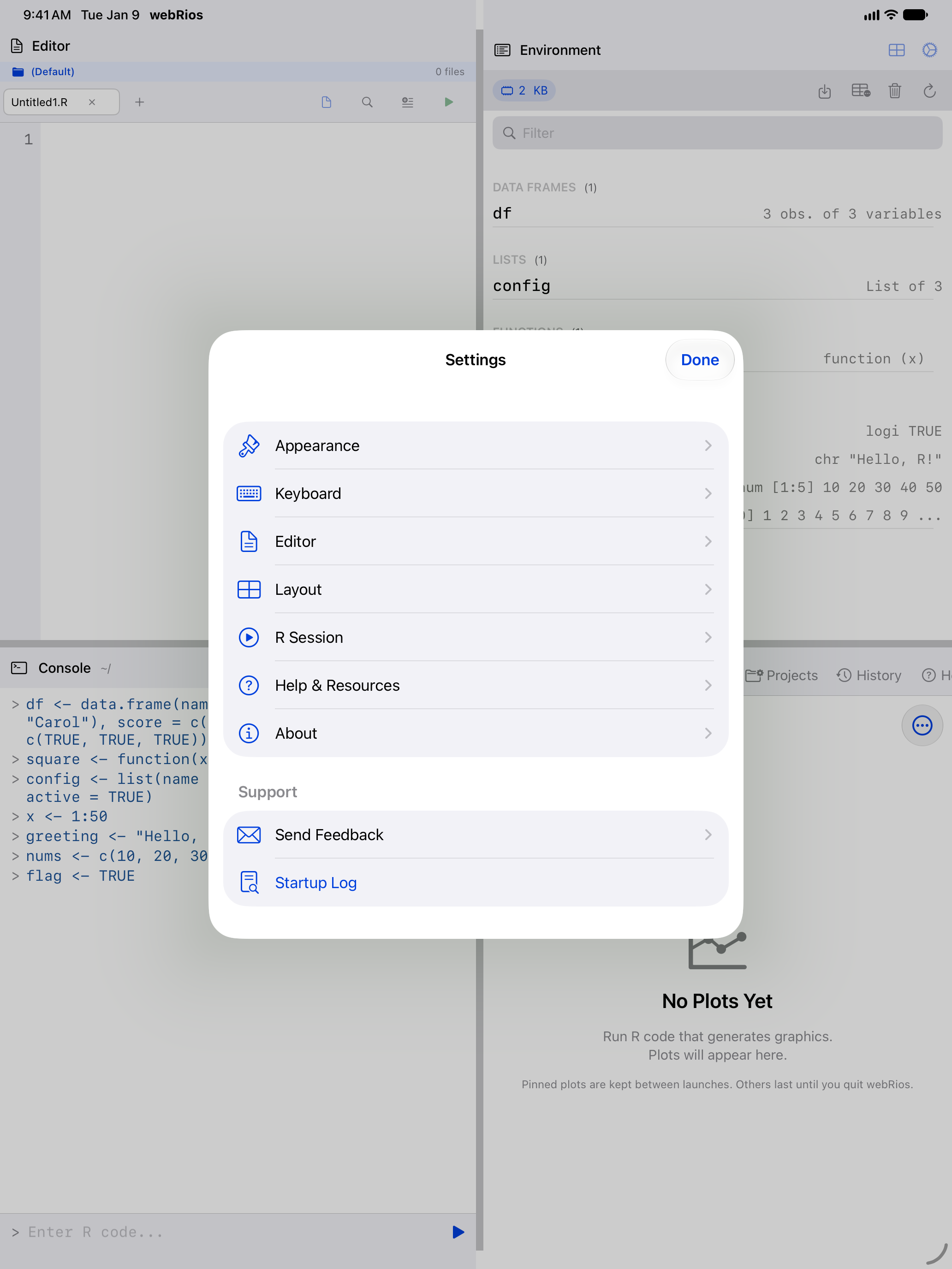 The Settings sheet over the four-pane workspace on iPad at the default text size