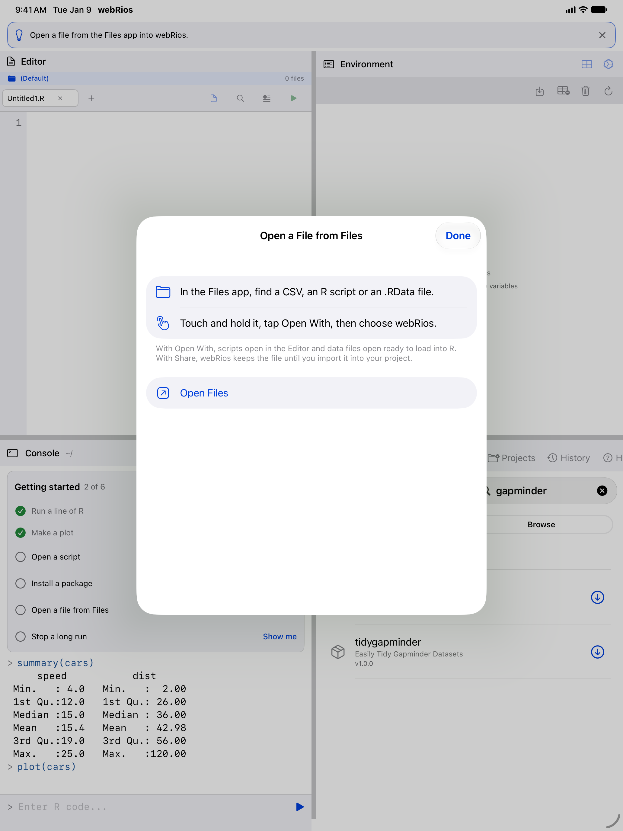 Show me for Open a file from Files on iPad: a sheet saying to touch and hold a file in the Files app, tap Open With and choose webRios, with an Open Files button