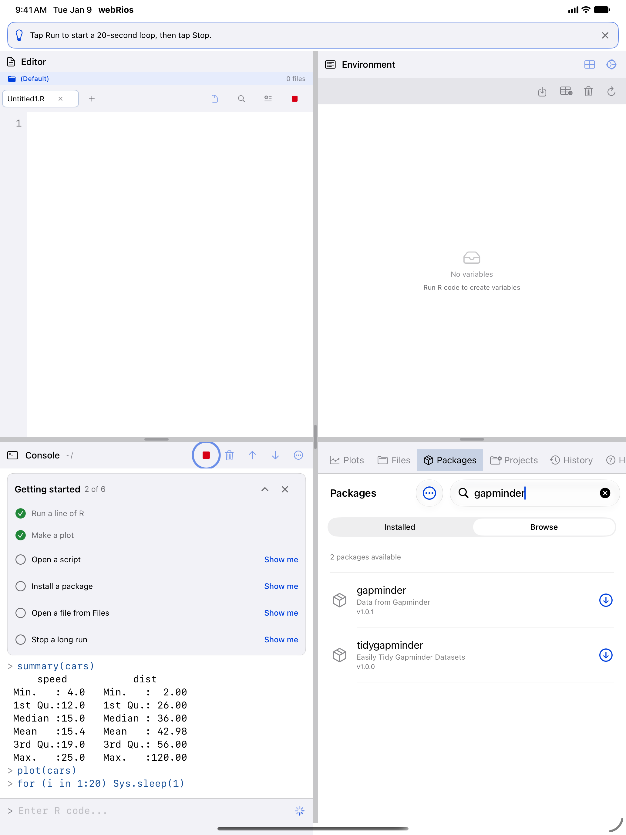 Show me for Stop a long run on iPad: a 20-second loop running, with the Stop button ringed