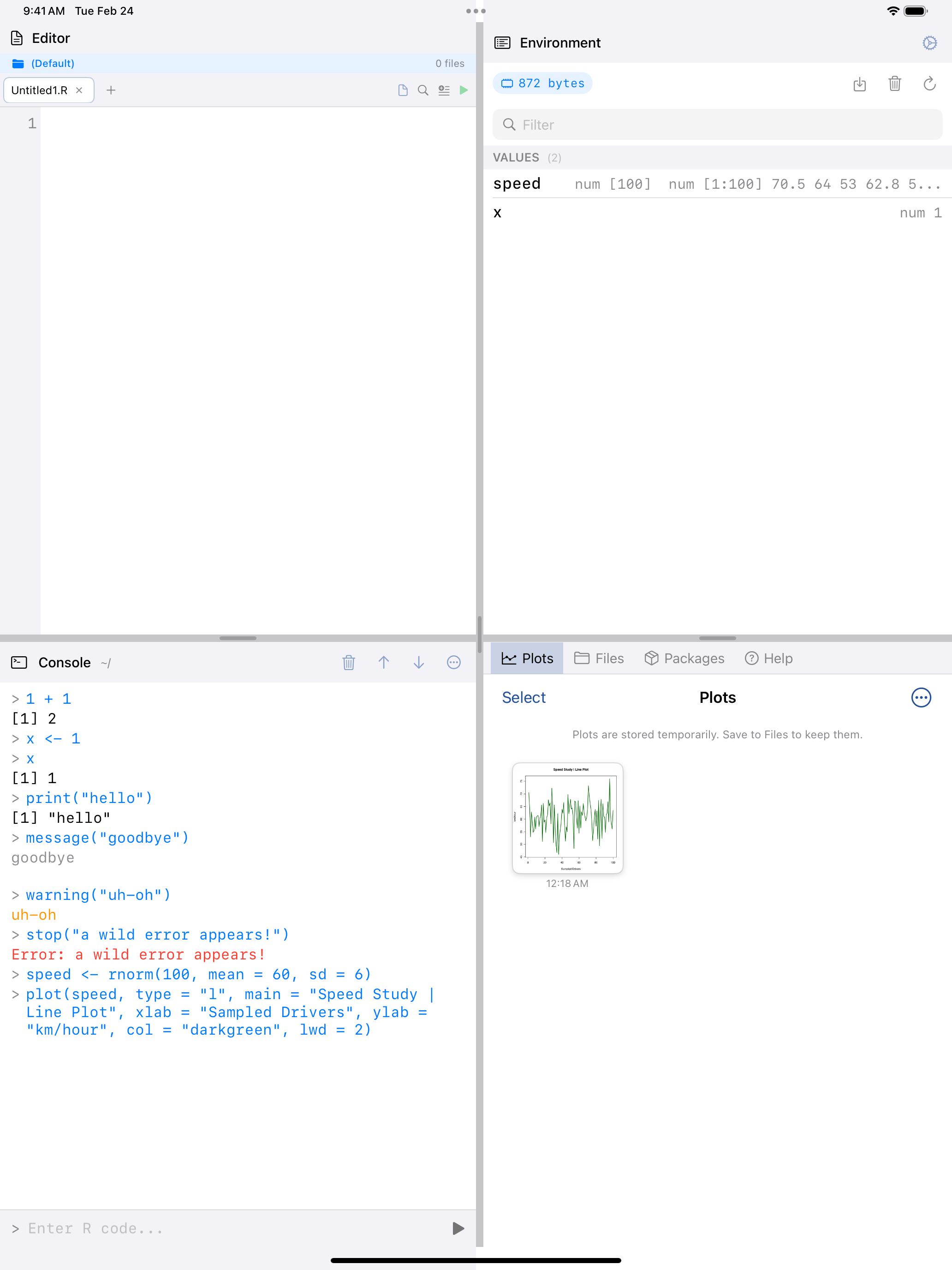 Plot command on iPad with plot visible in workspace