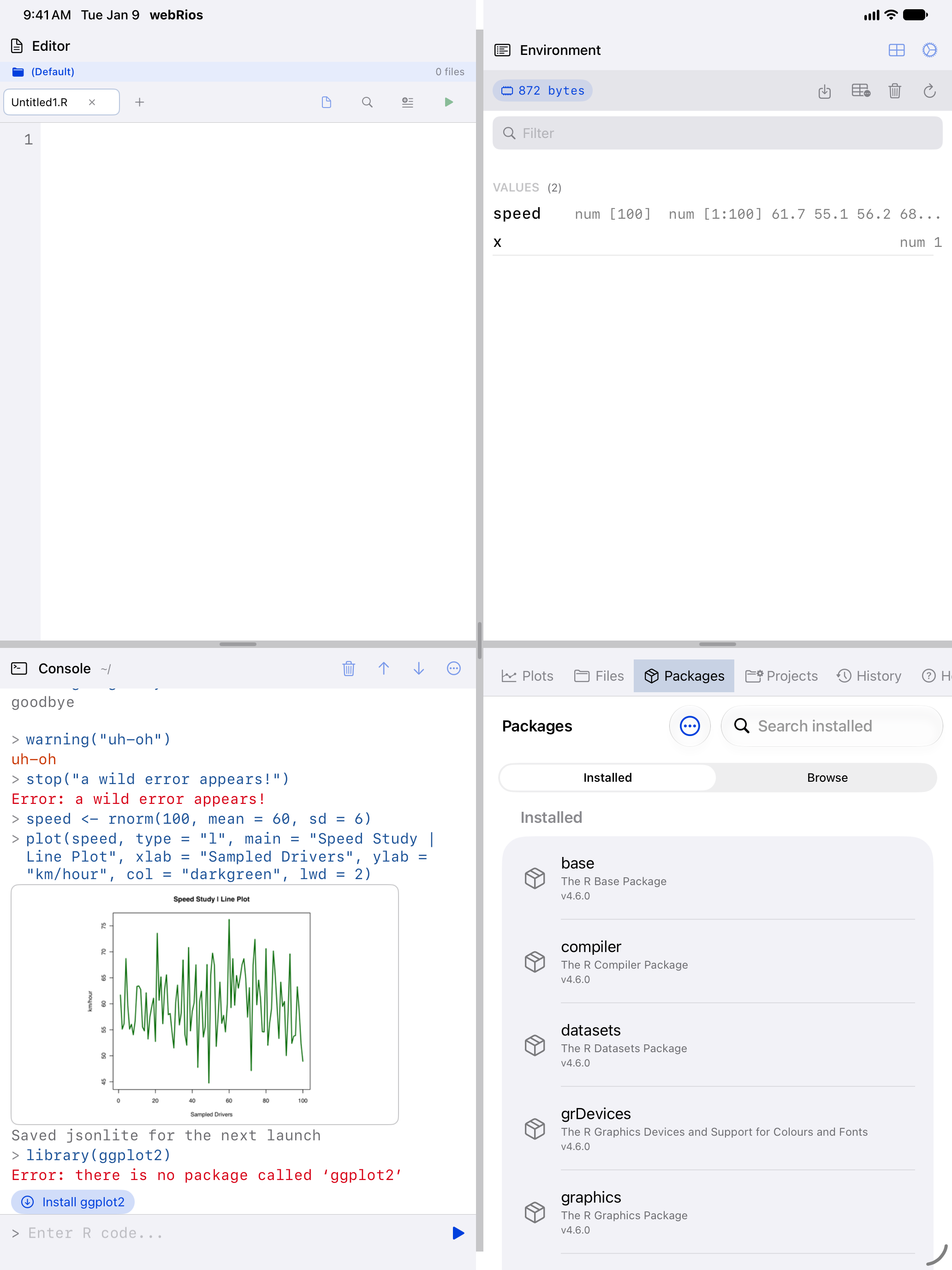 Console on iPad showing the error there is no package called ggplot2, with an Install ggplot2 button under it