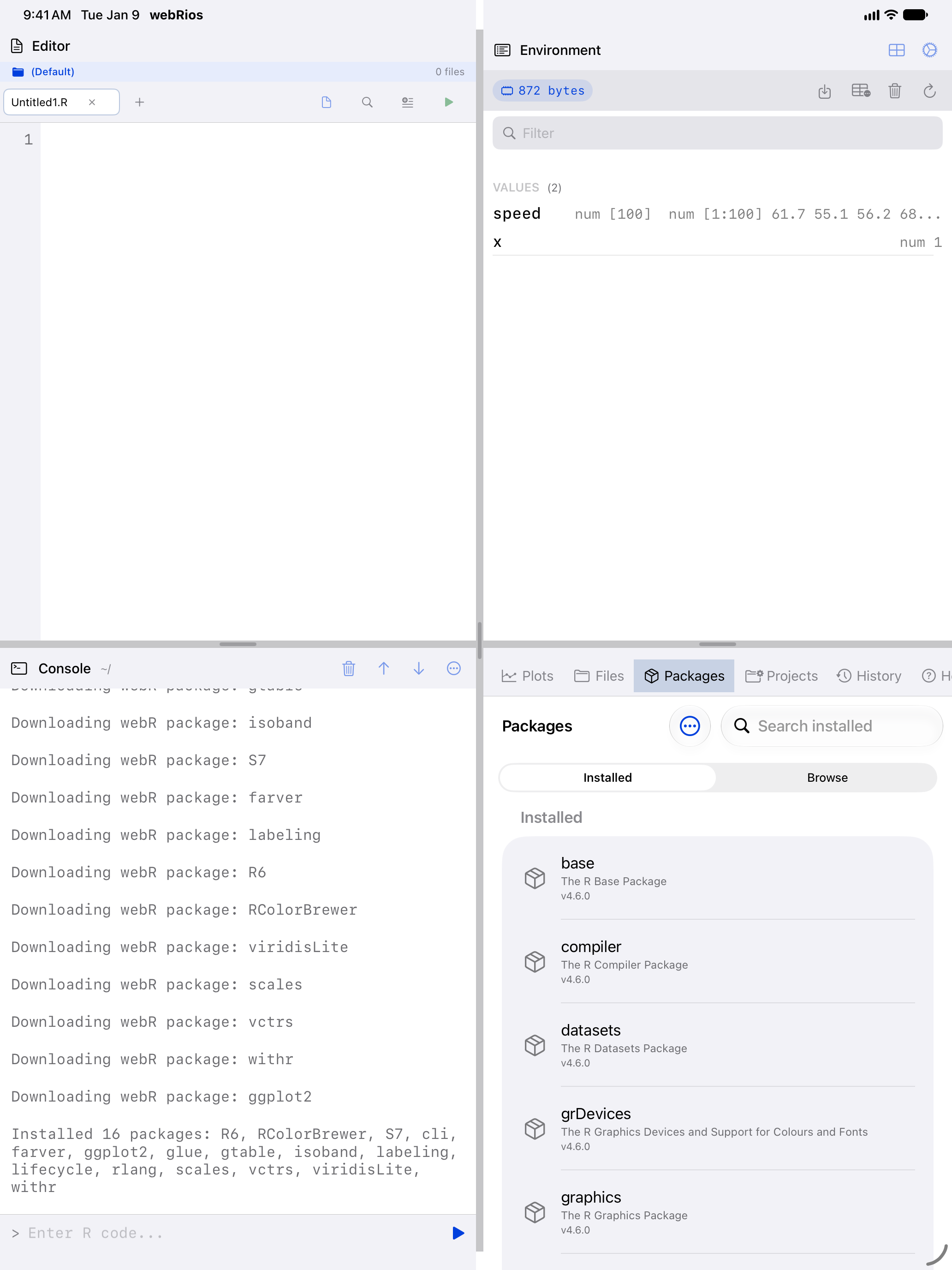 Console on iPad with a Downloading webR package line for each dependency and then ggplot2, followed by Installed 16 packages and their names