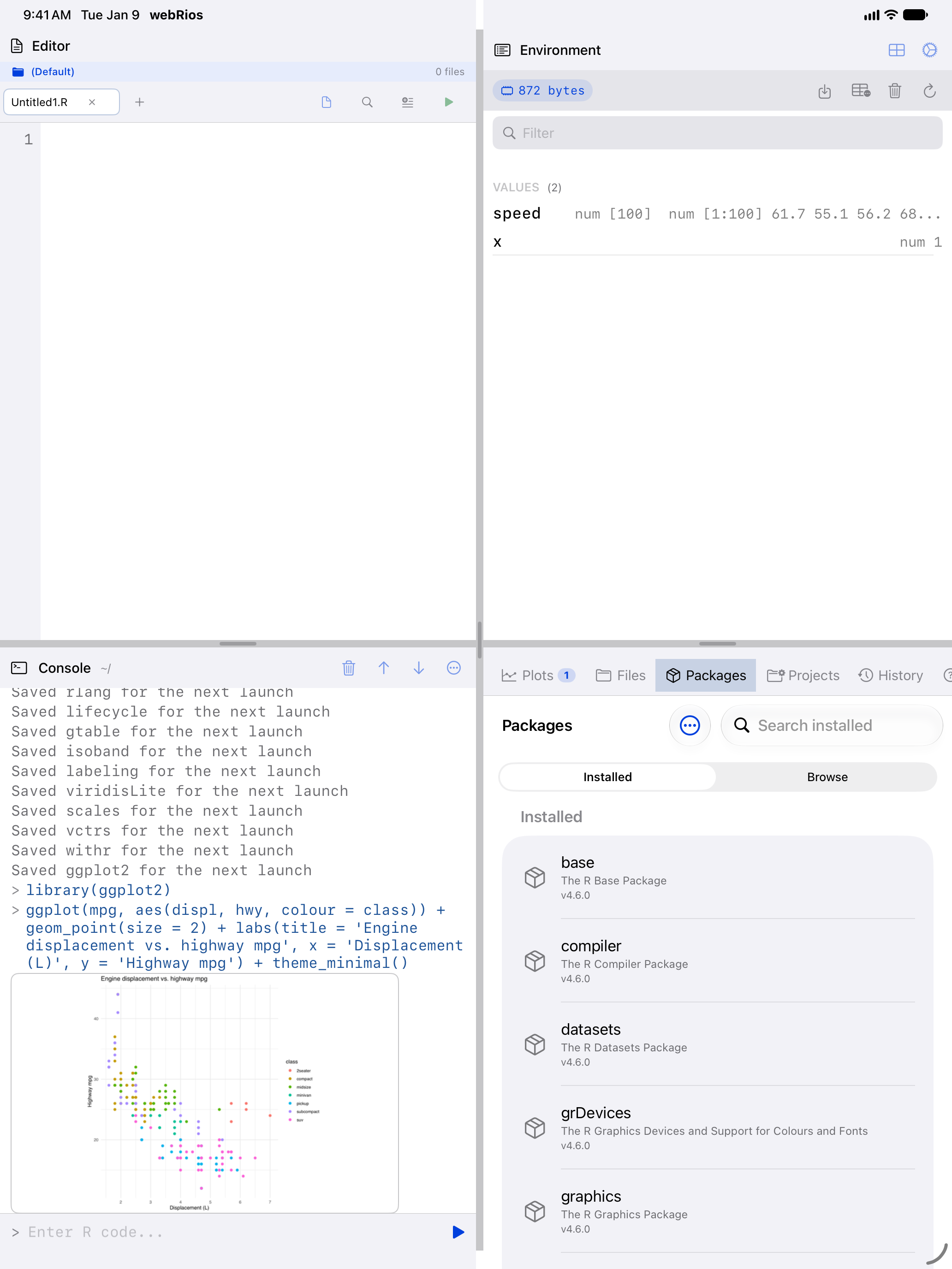 A ggplot2 scatter plot rendered inline in the console on iPad