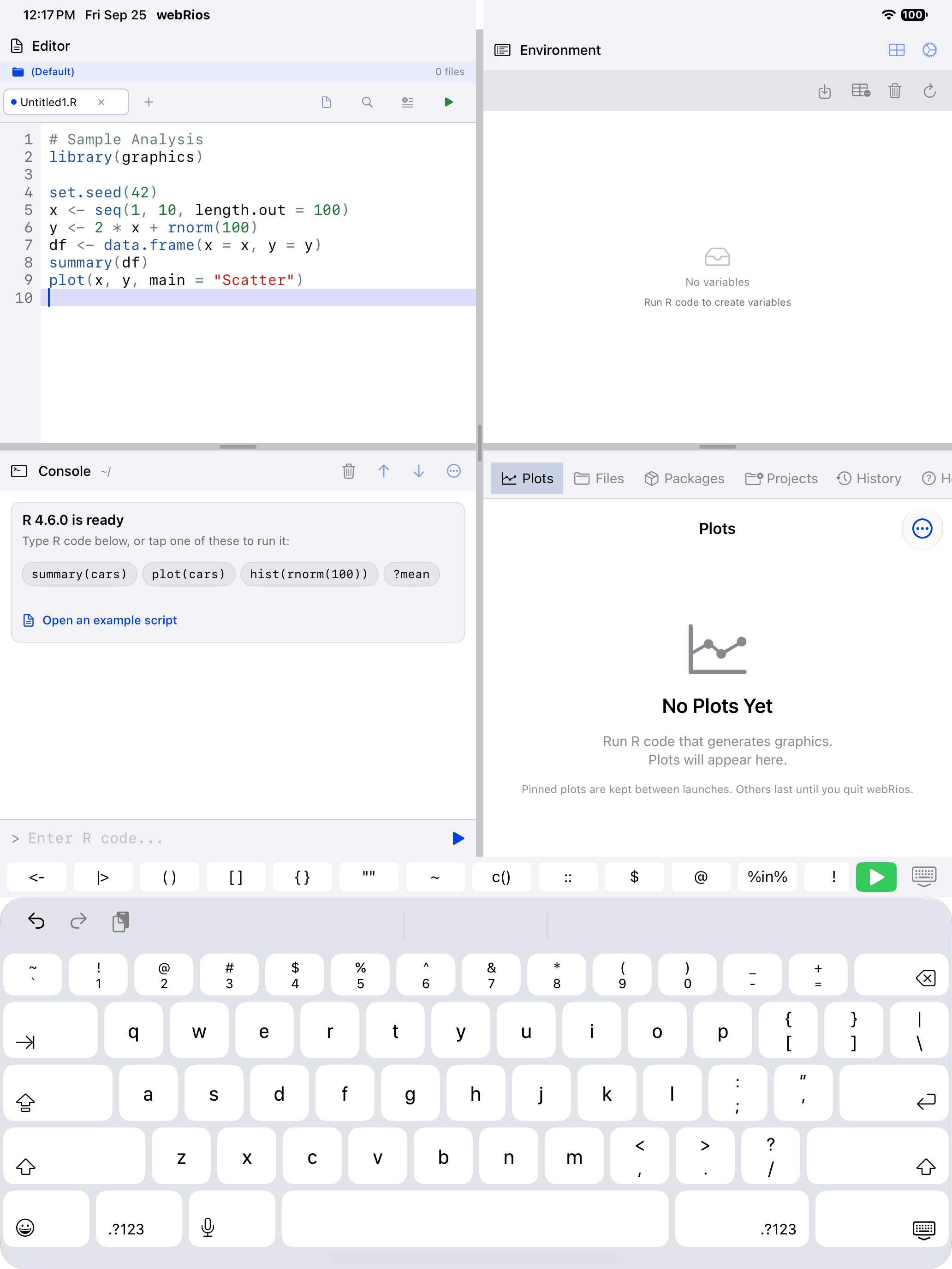 The R keyboard toolbar above the editor on iPad