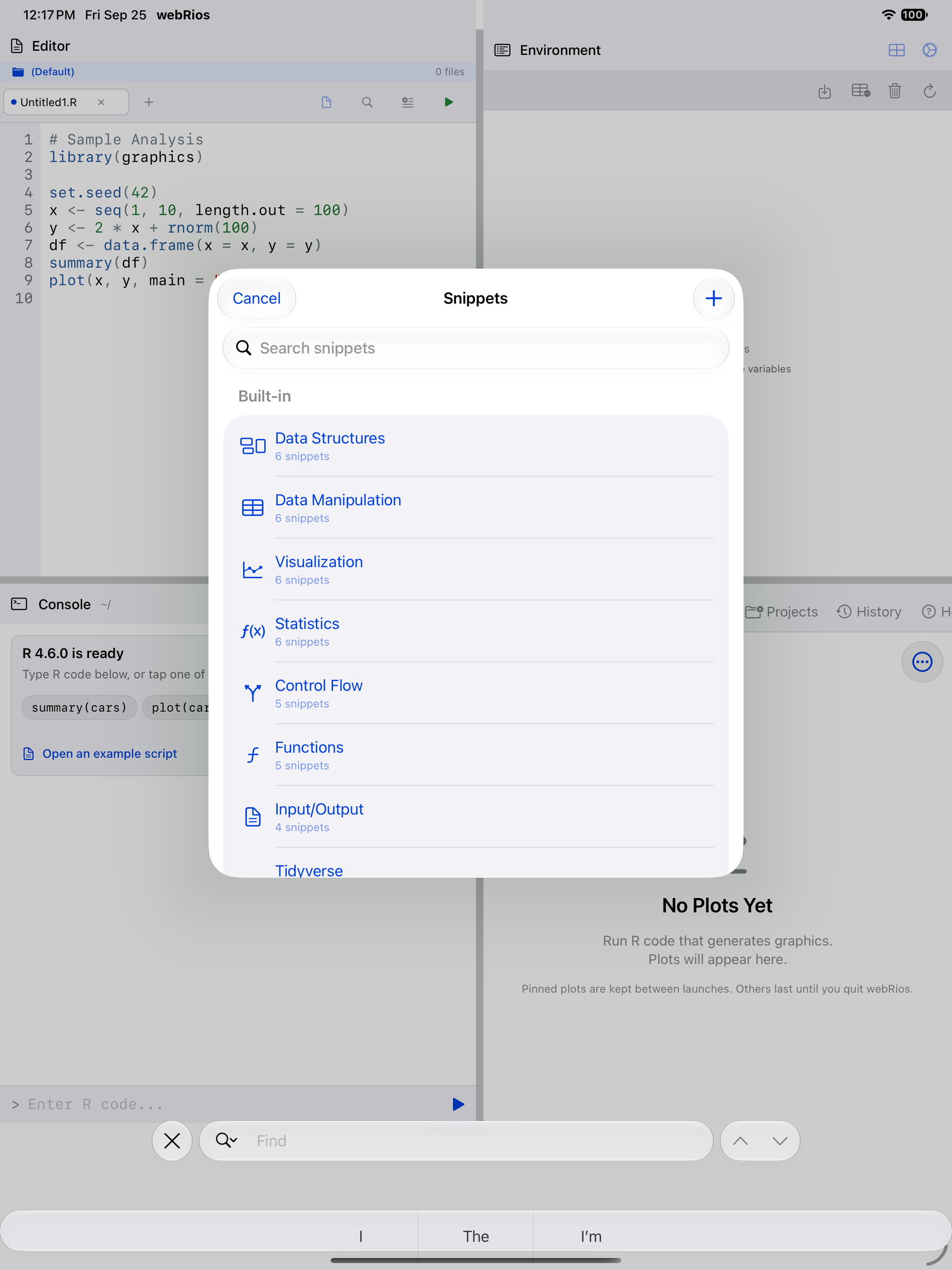 The snippets list in the editor on iPad