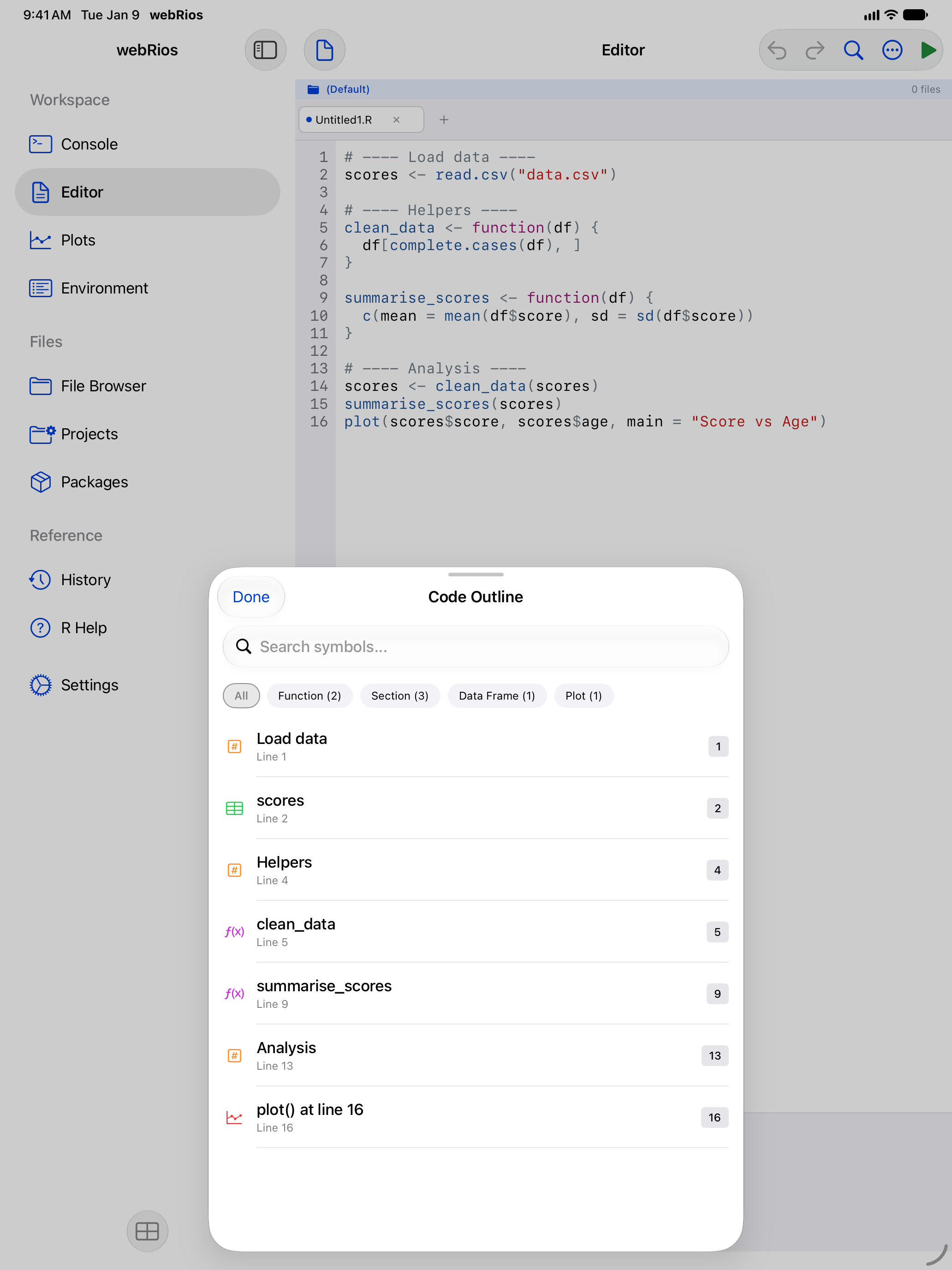 Code outline listing functions on iPad
