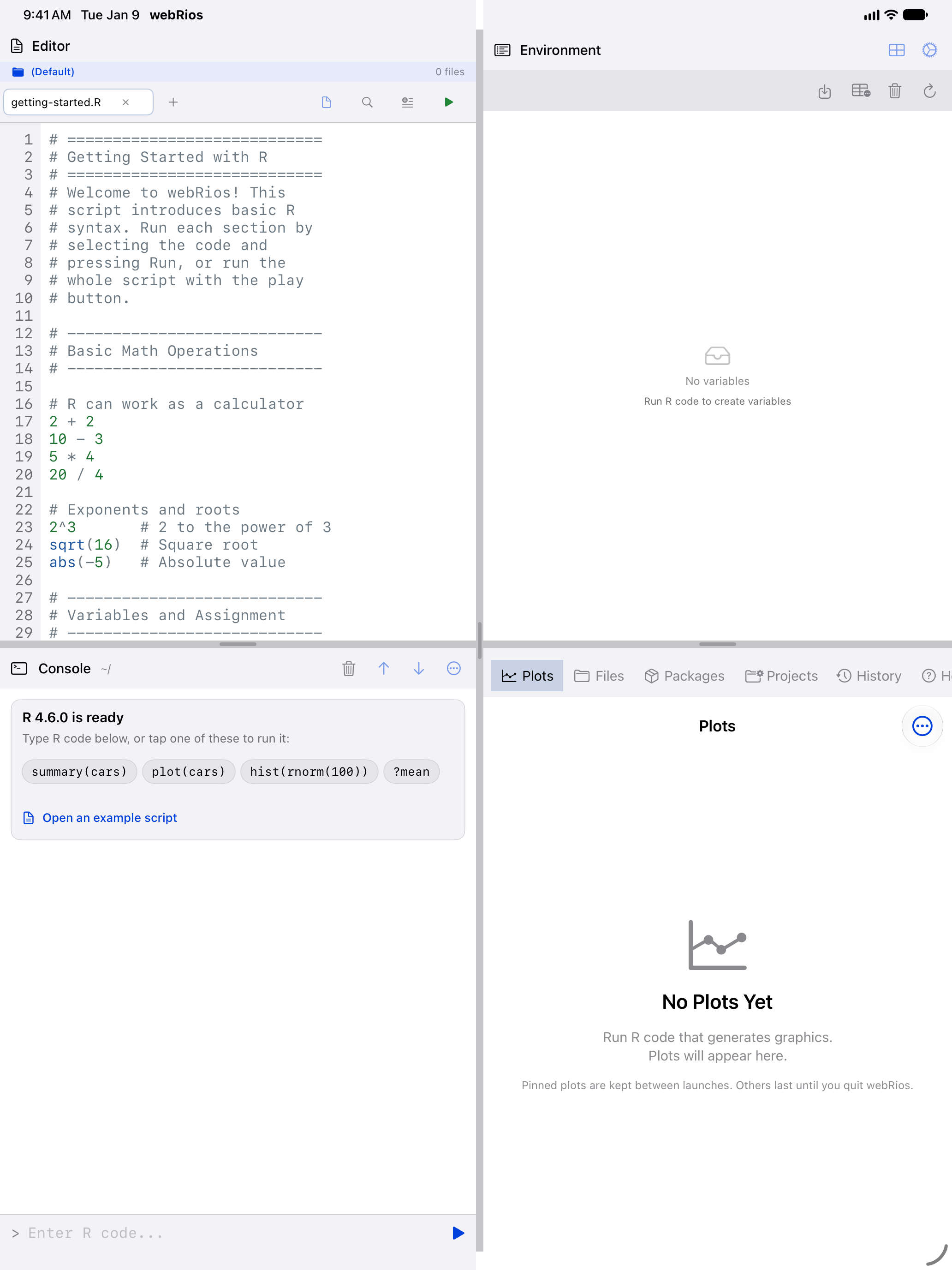 The Getting Started example open in the Editor pane on iPad, in a tab named getting-started.R