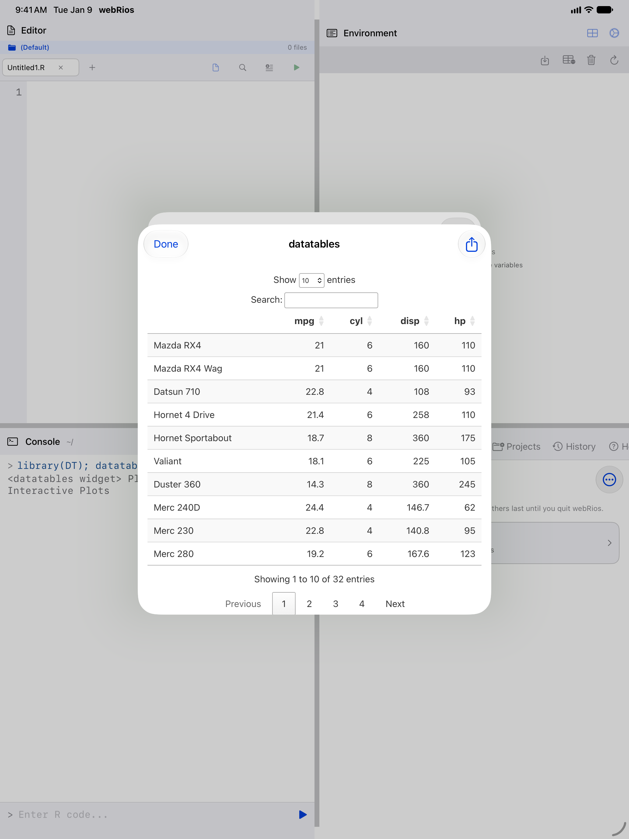 A DT table of mtcars on iPad, on a white page with a margin, with its search field, sortable column headings and page buttons