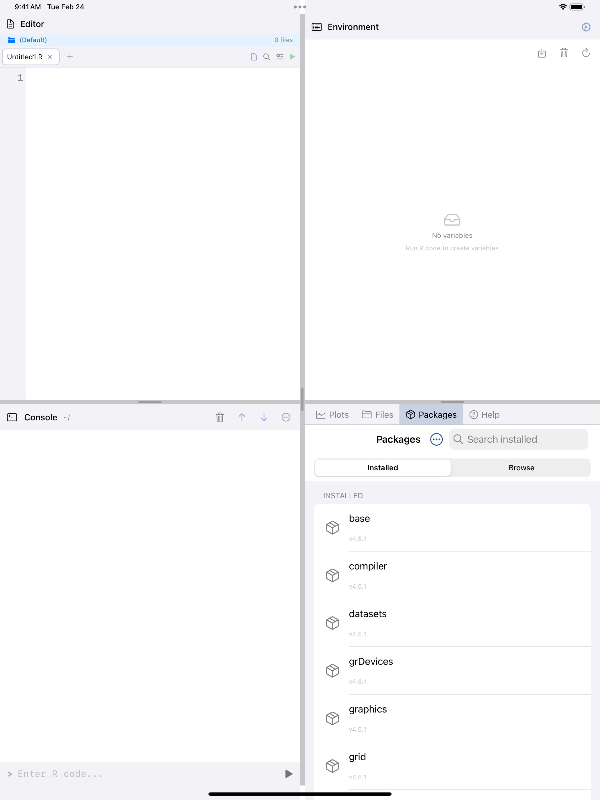 Packages tab on iPad showing installed R packages with loaded status