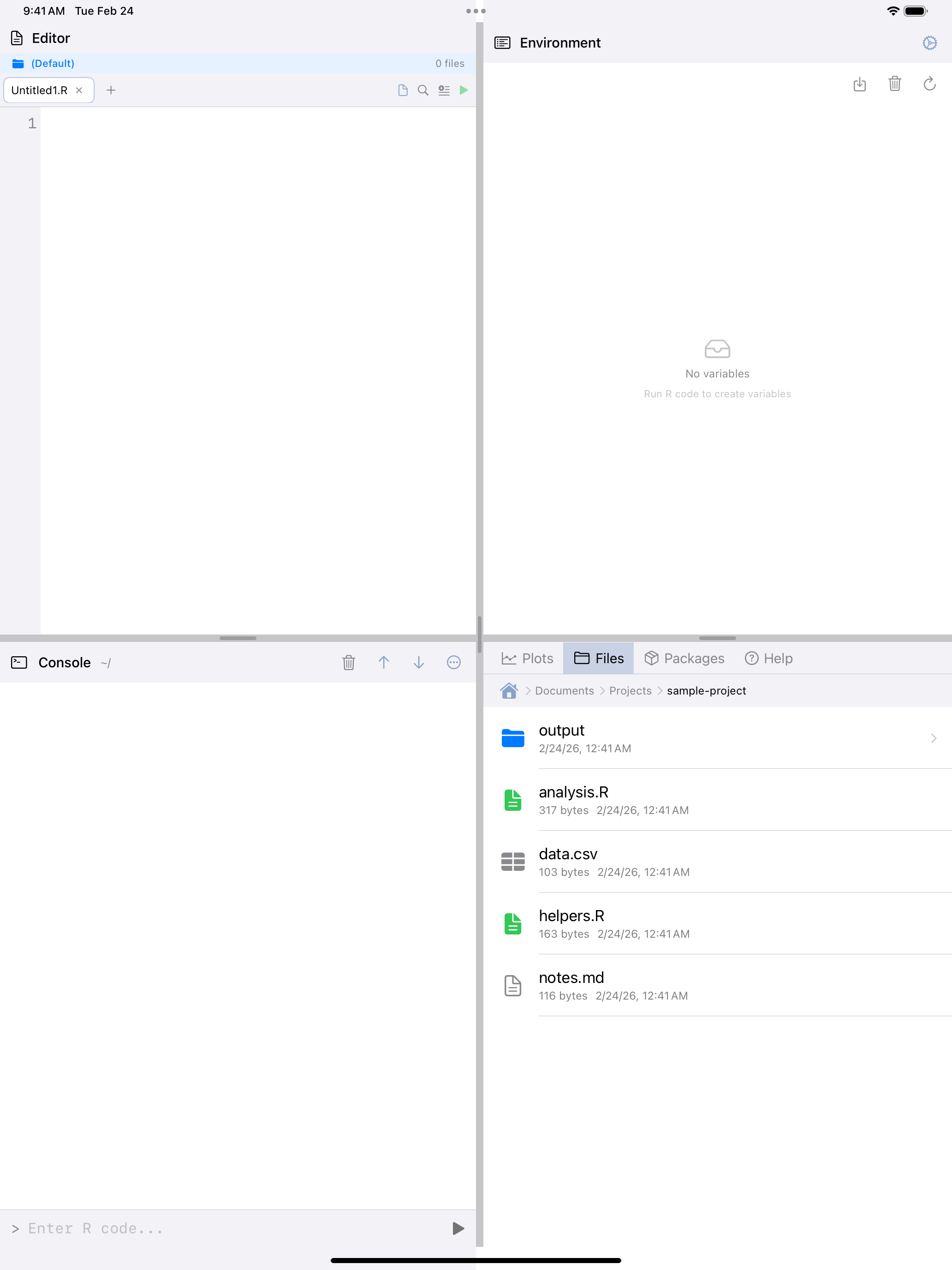 Create menu on iPad showing New R Script, New Folder, and Import Data options