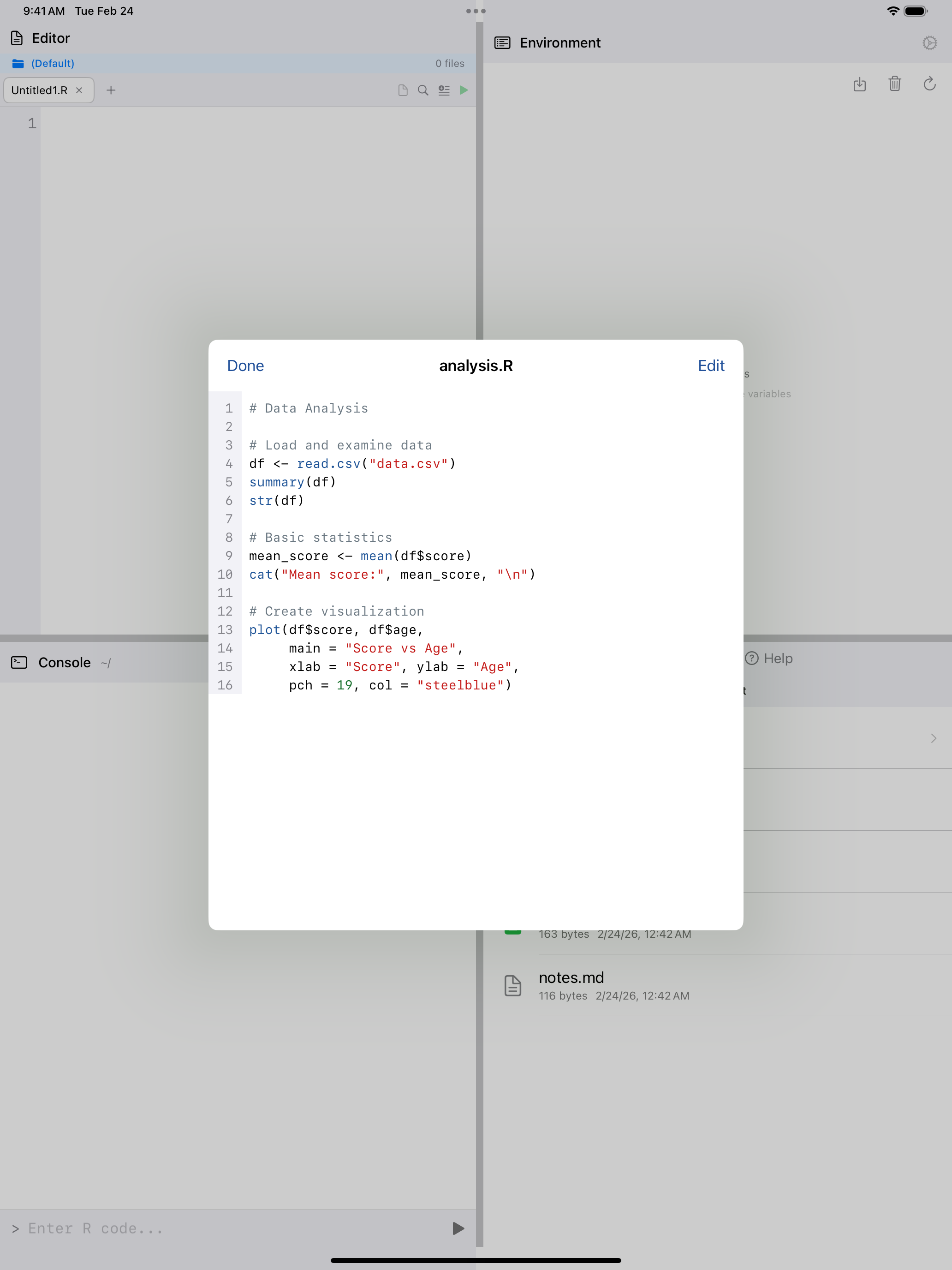 R script viewer with syntax highlighting on iPad