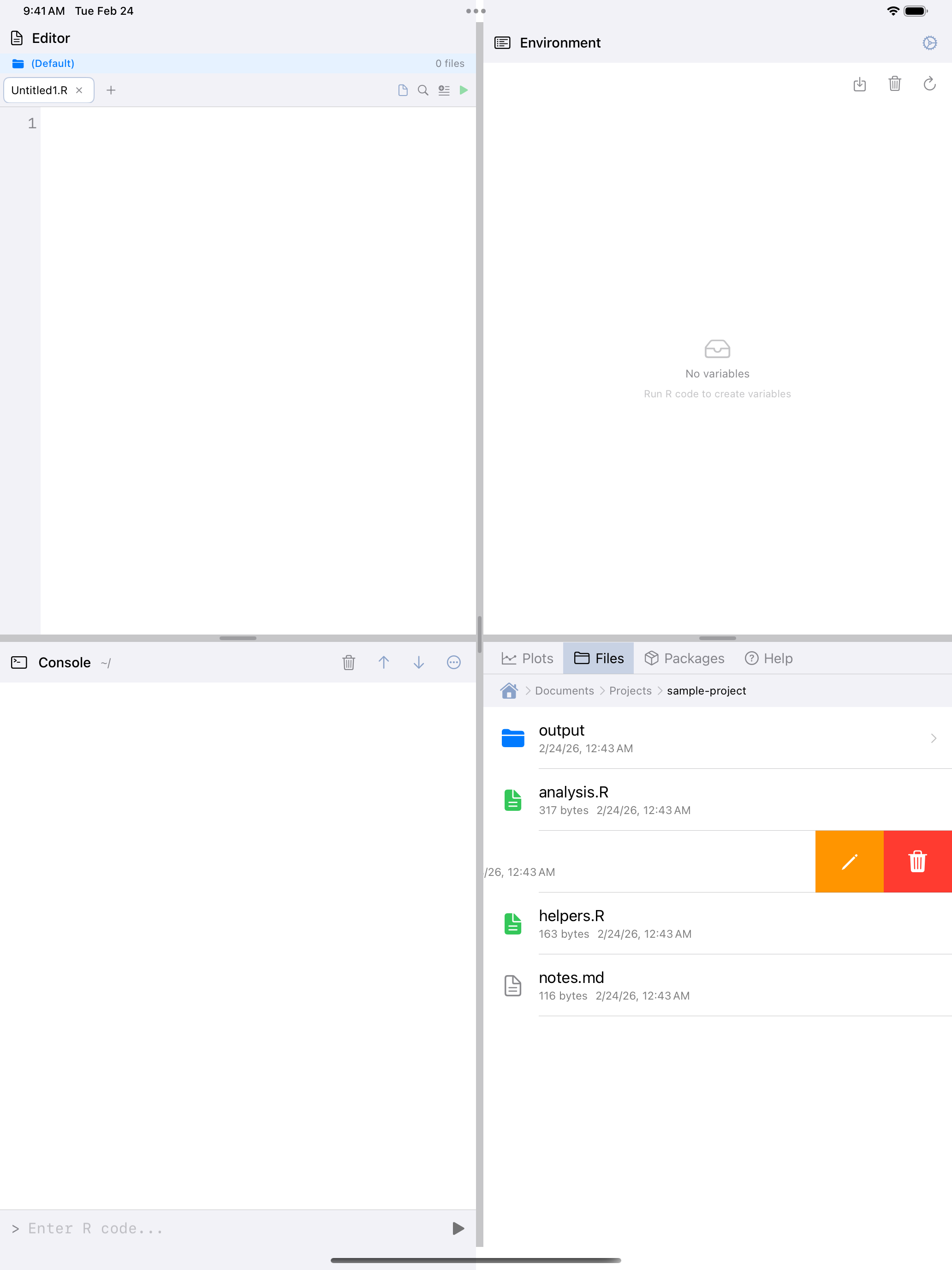 Swipe actions showing Delete and Rename buttons on iPad