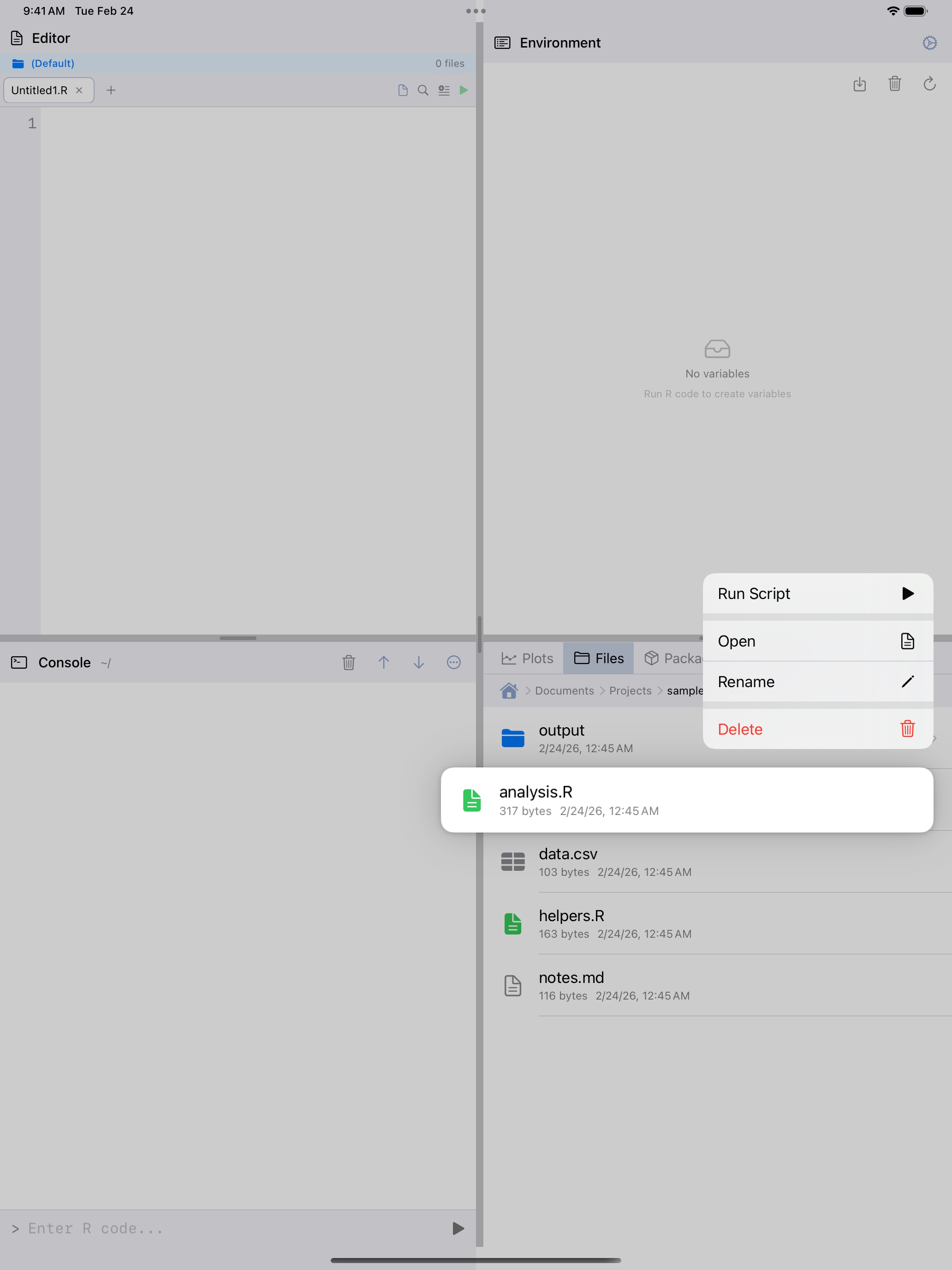 Long-press context menu on R script showing Run Script option on iPad