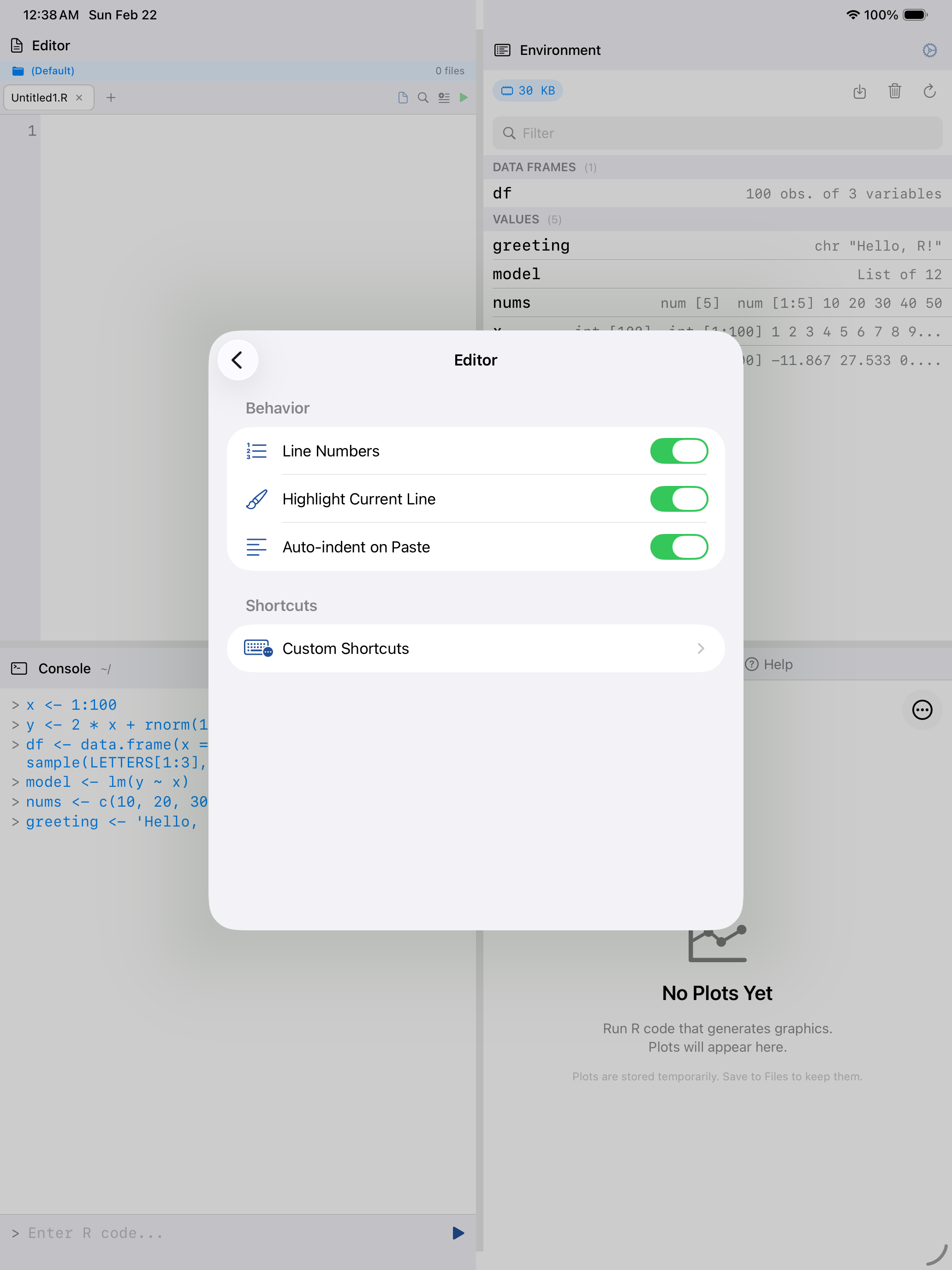 Editor settings on iPad