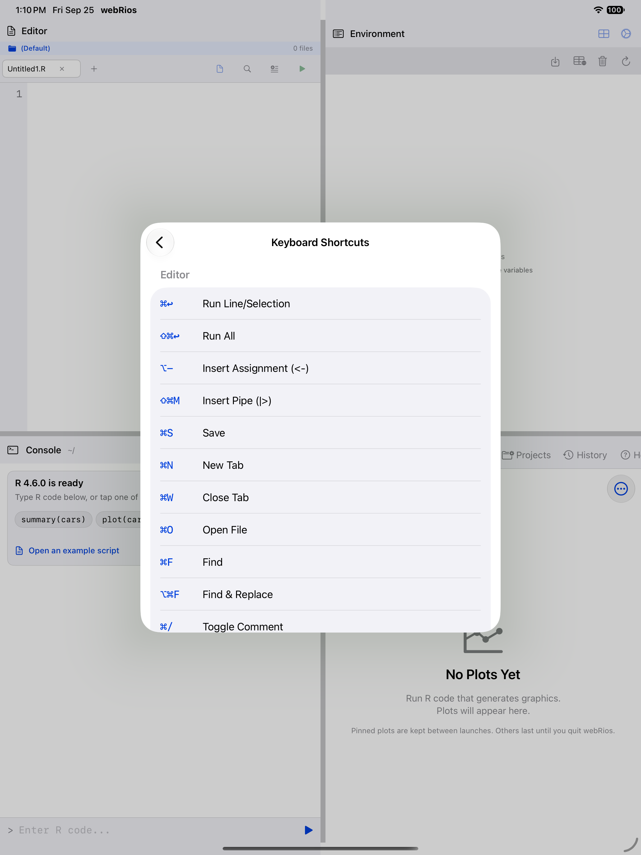 The keyboard shortcuts reference card on iPad