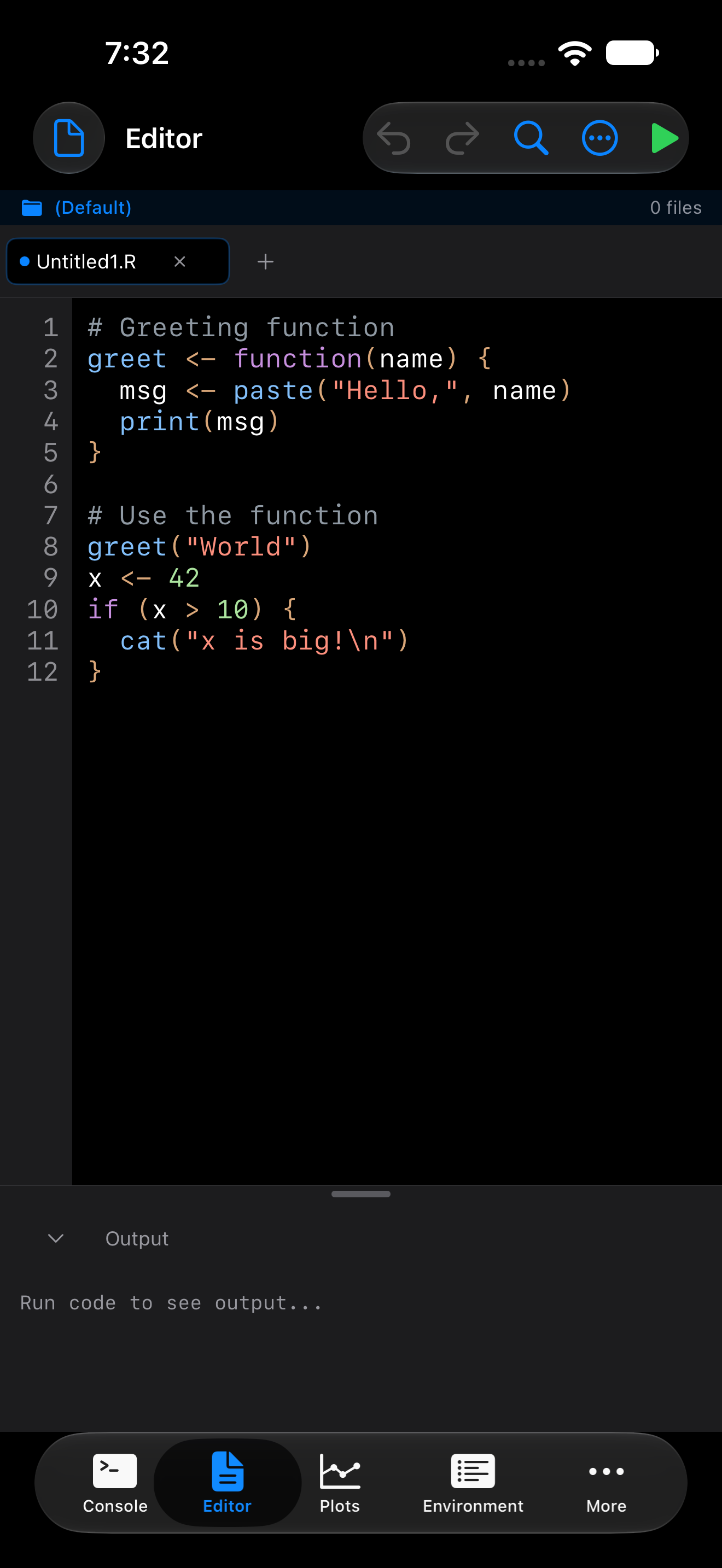 The Editor tab before a file is open on iPhone