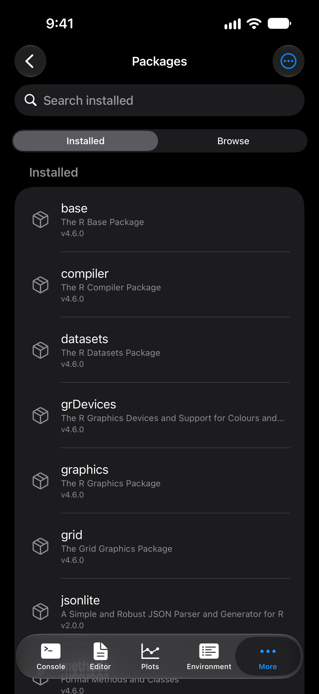 The Packages tab on iPhone