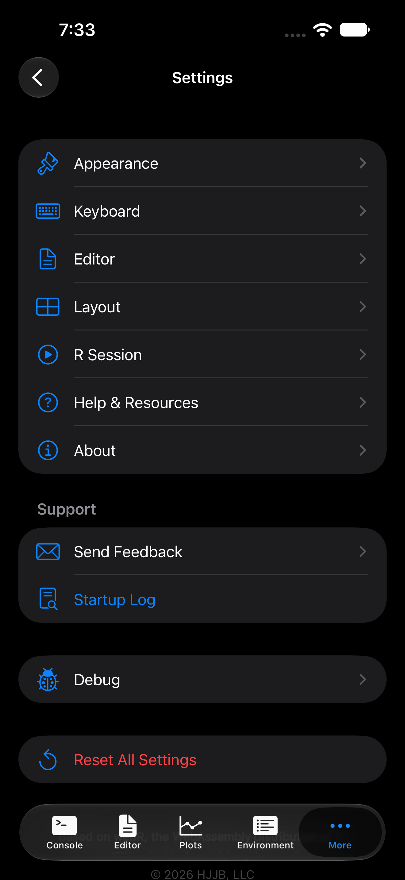 The Settings index on iPhone