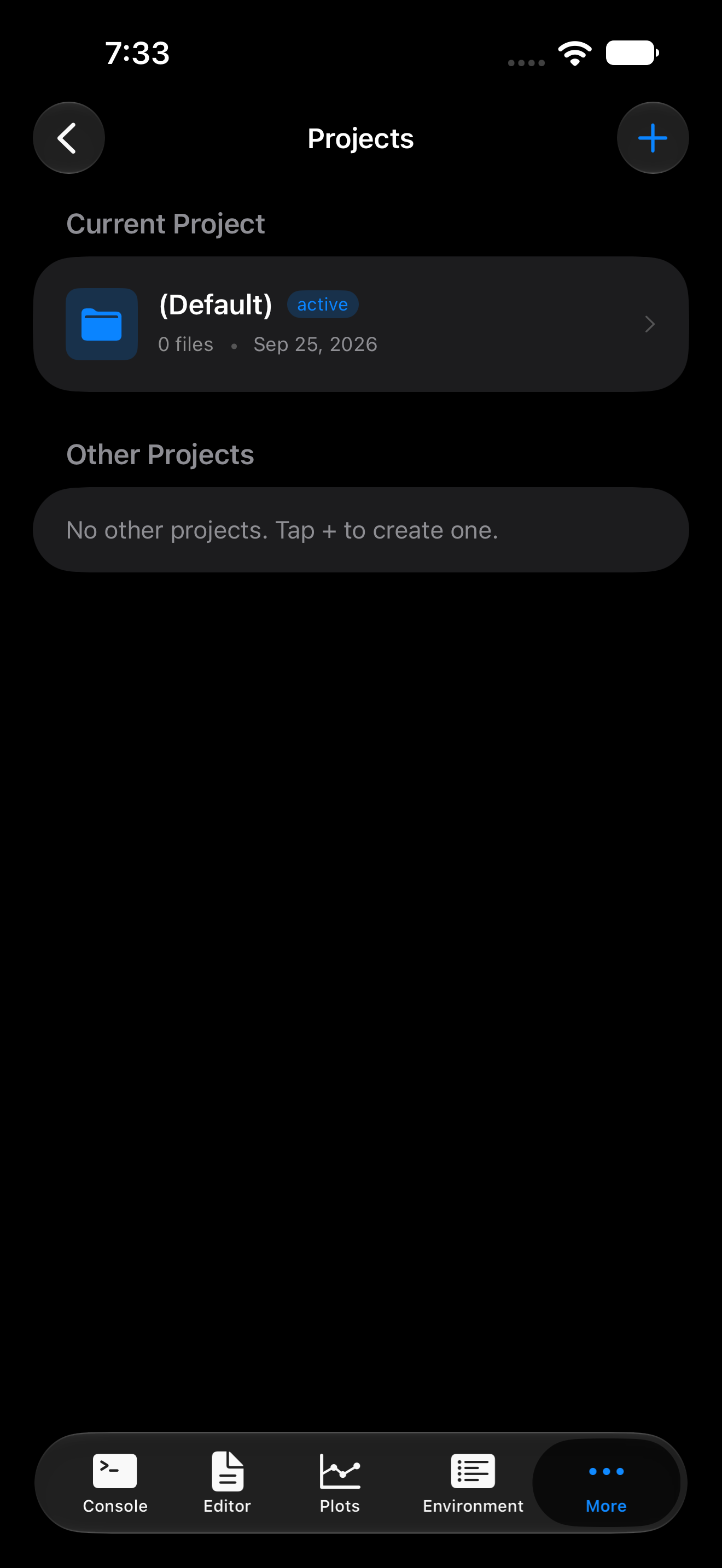 The Projects tab with no project open on iPhone