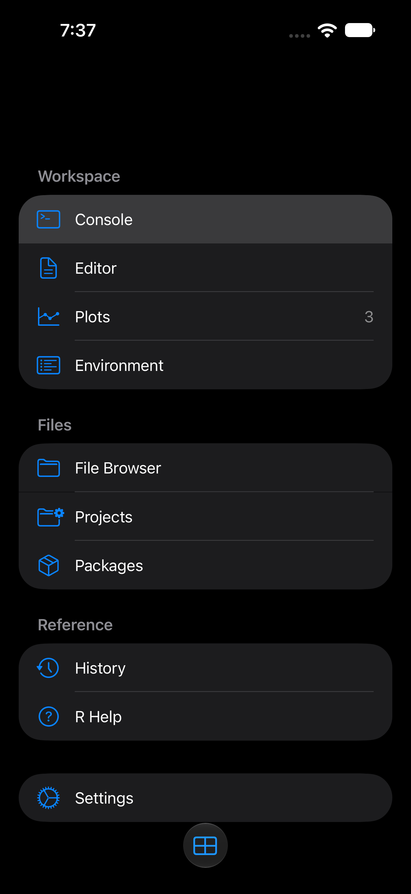 Sidebar Navigation with the sidebar open on iPhone in dark mode