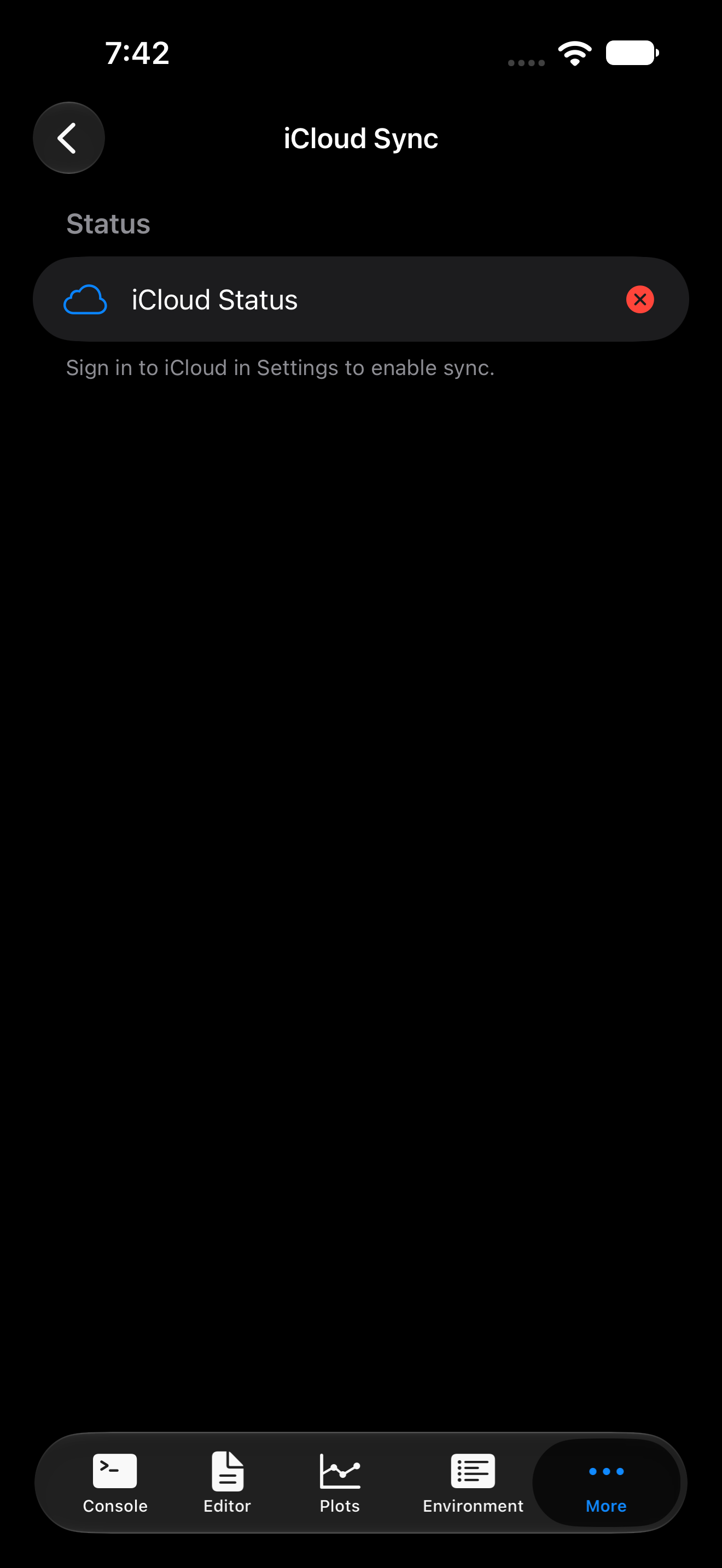 iCloud Sync settings showing status and sync actions on iPhone in dark mode