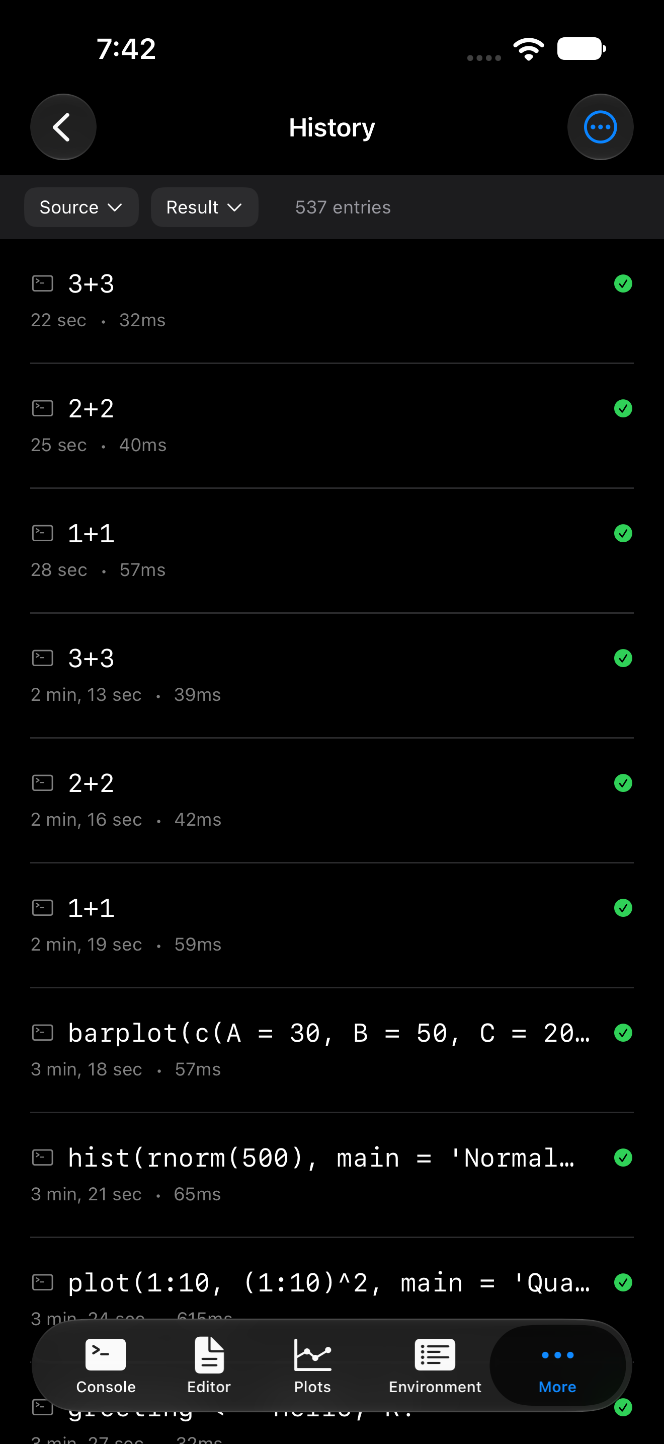 The execution history list on iPhone