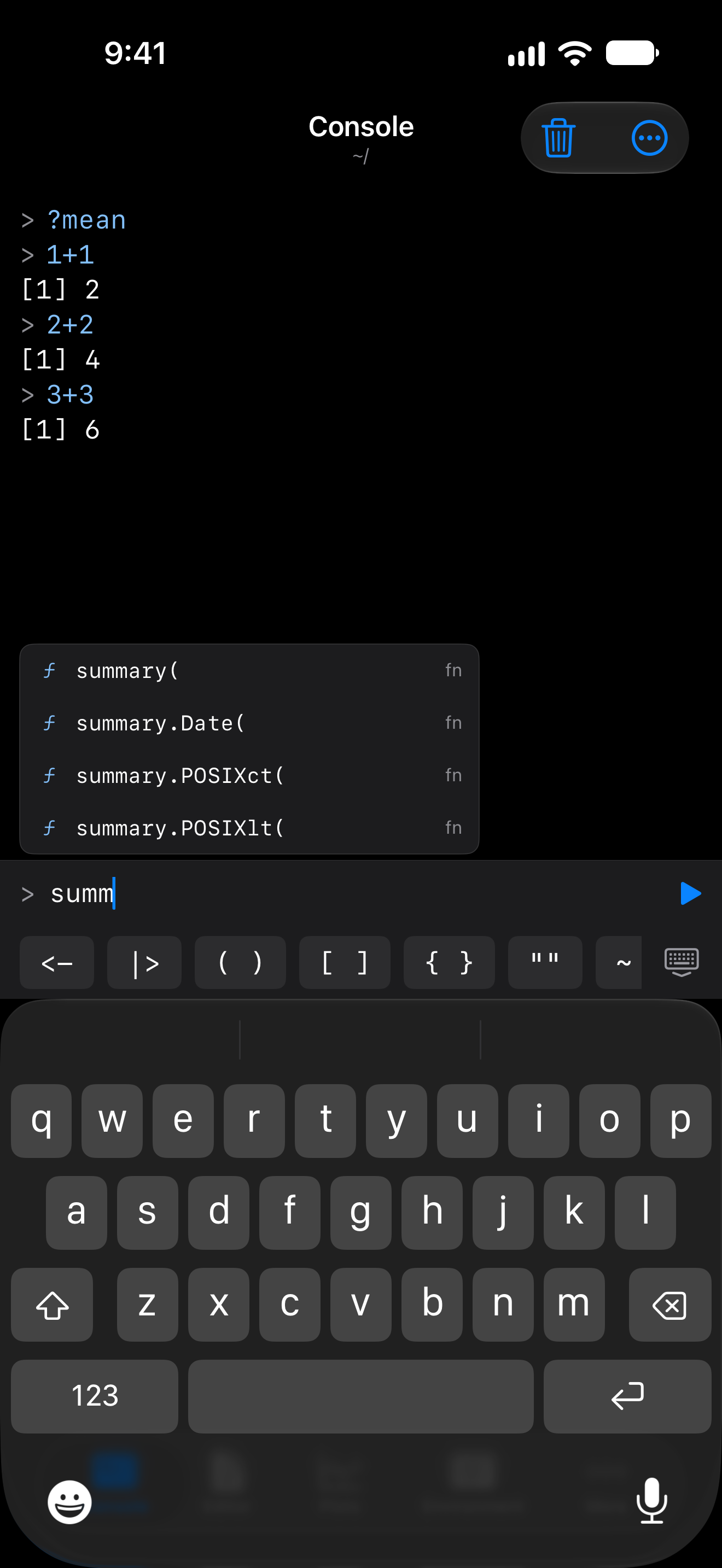 Code completion suggestions in the console on iPhone