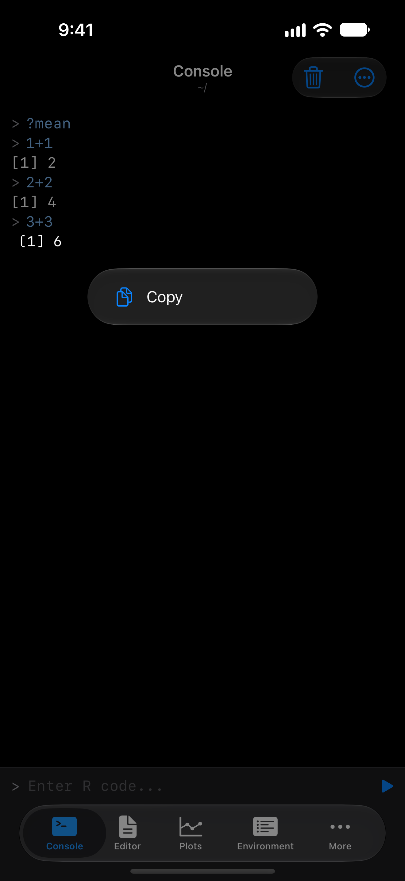 Console line context menu on iPhone in dark mode