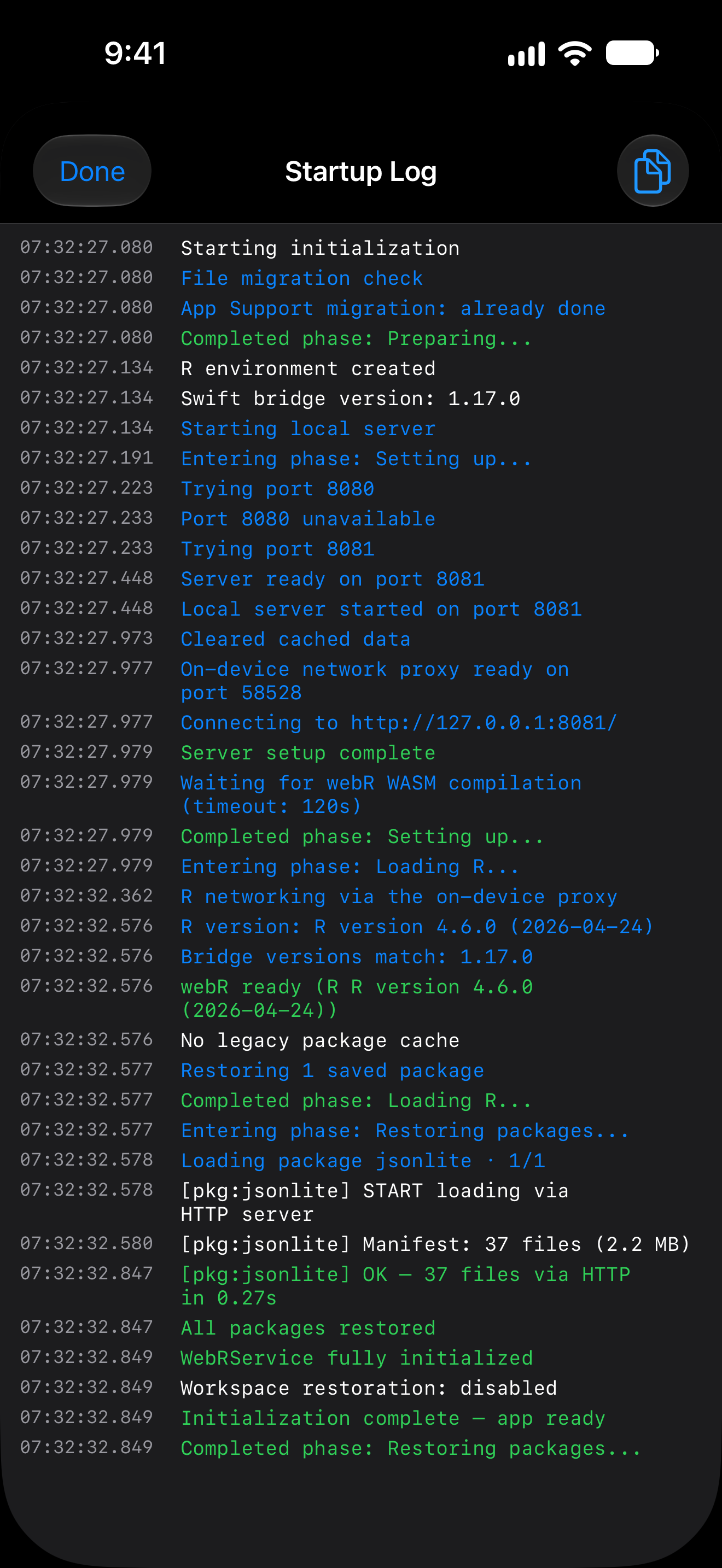 Startup log showing initialisation stages on iPhone in dark mode