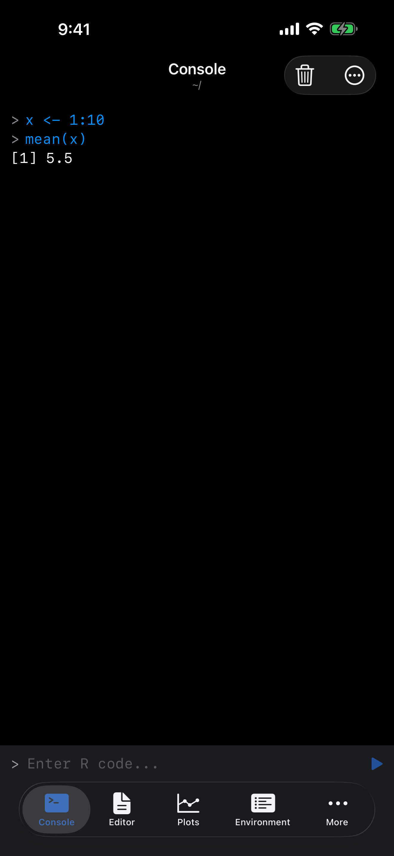 Console after running mean(x) on iPhone