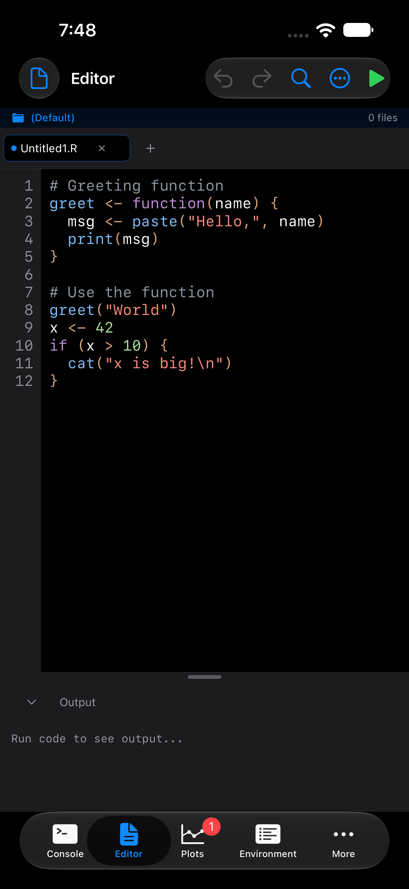 The Editor tab active, with a script open on iPhone