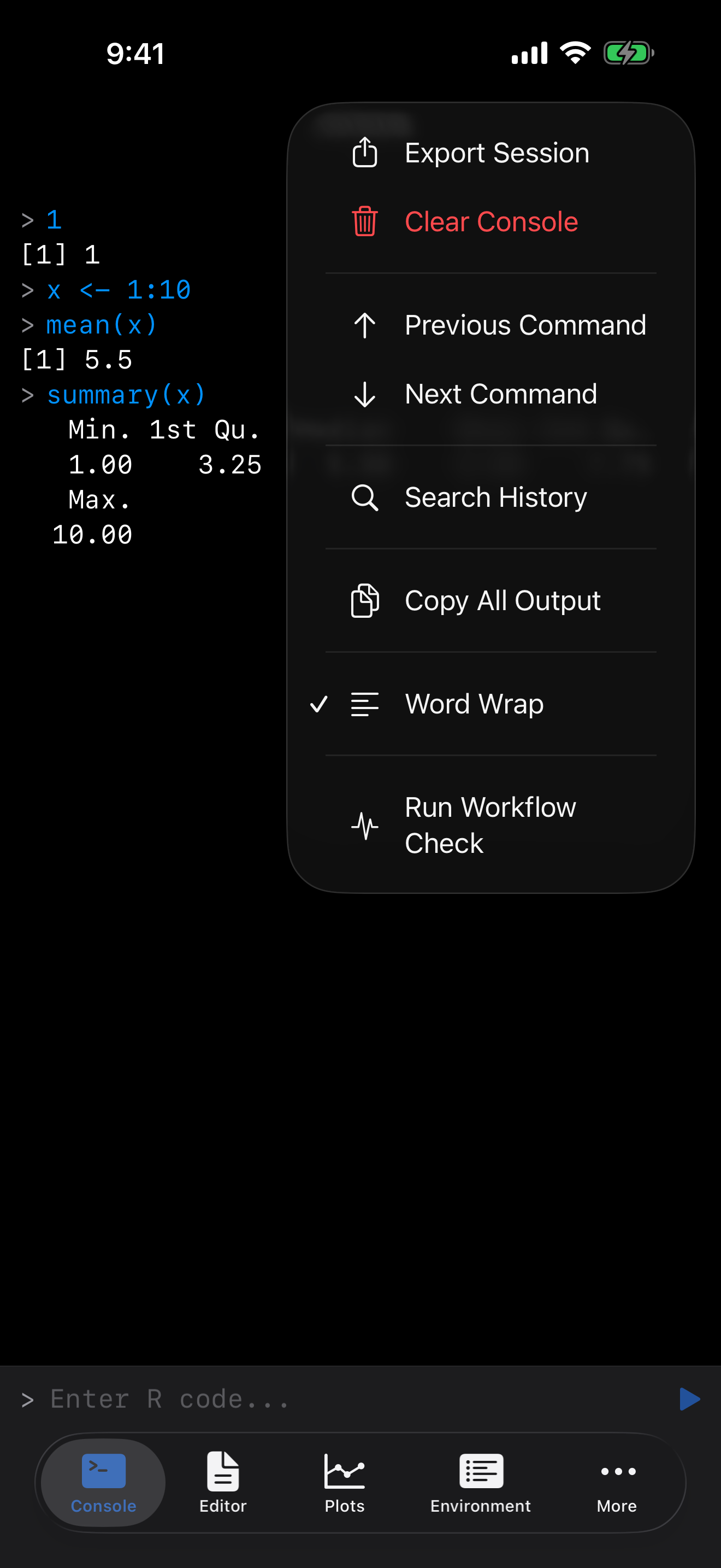 Console menu showing Clear Console on iPhone