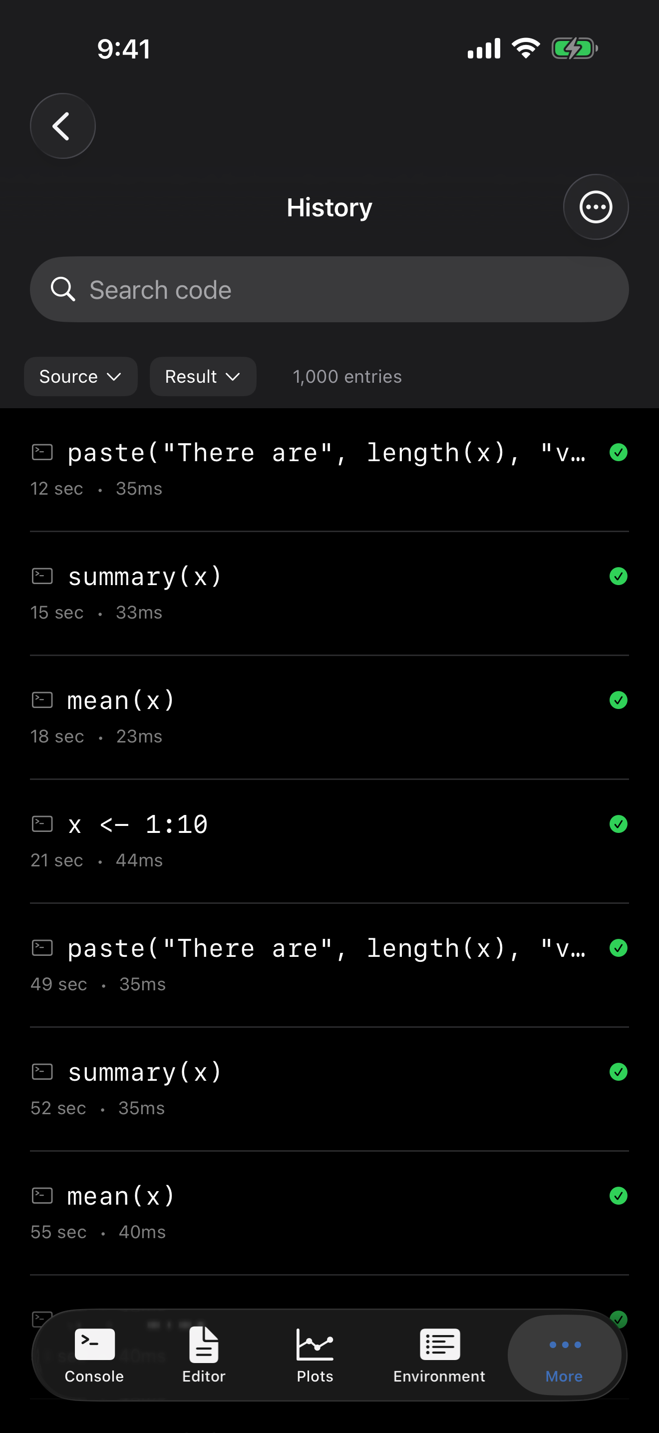 Execution history tab on iPhone in dark mode