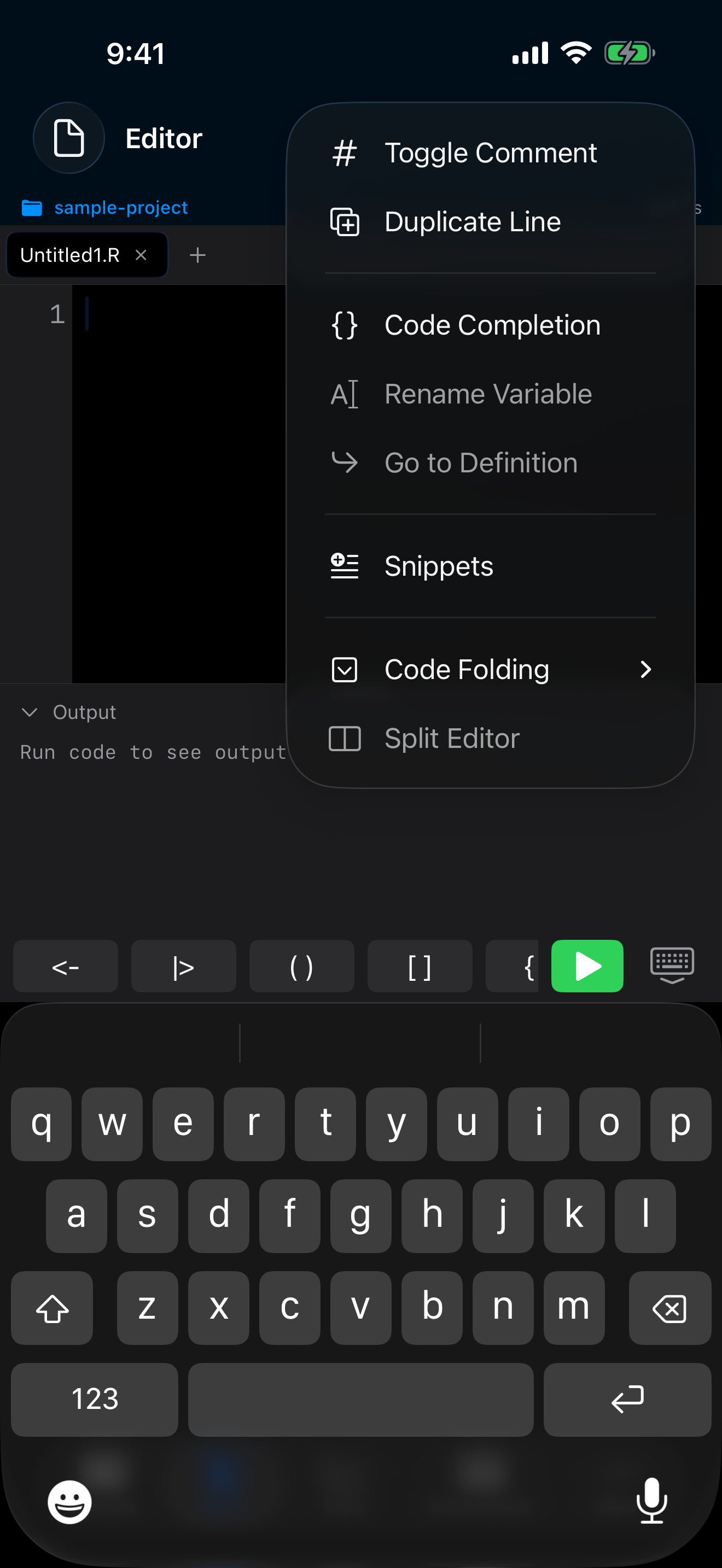 Editor actions menu showing Snippets on iPhone
