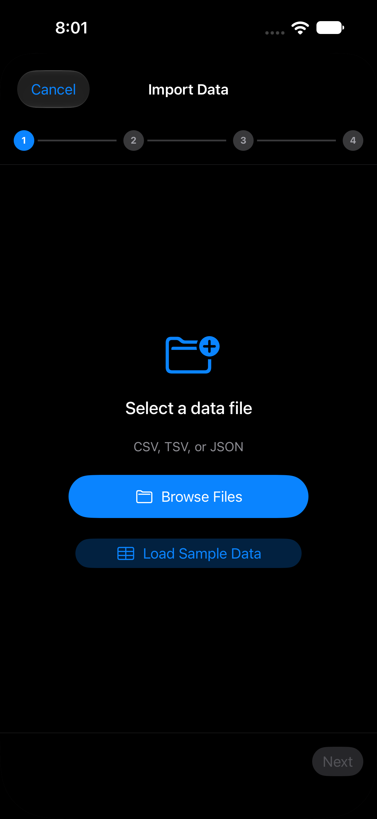 Data Import Wizard step 1 with Browse Files and Load Sample Data on iPhone in dark mode