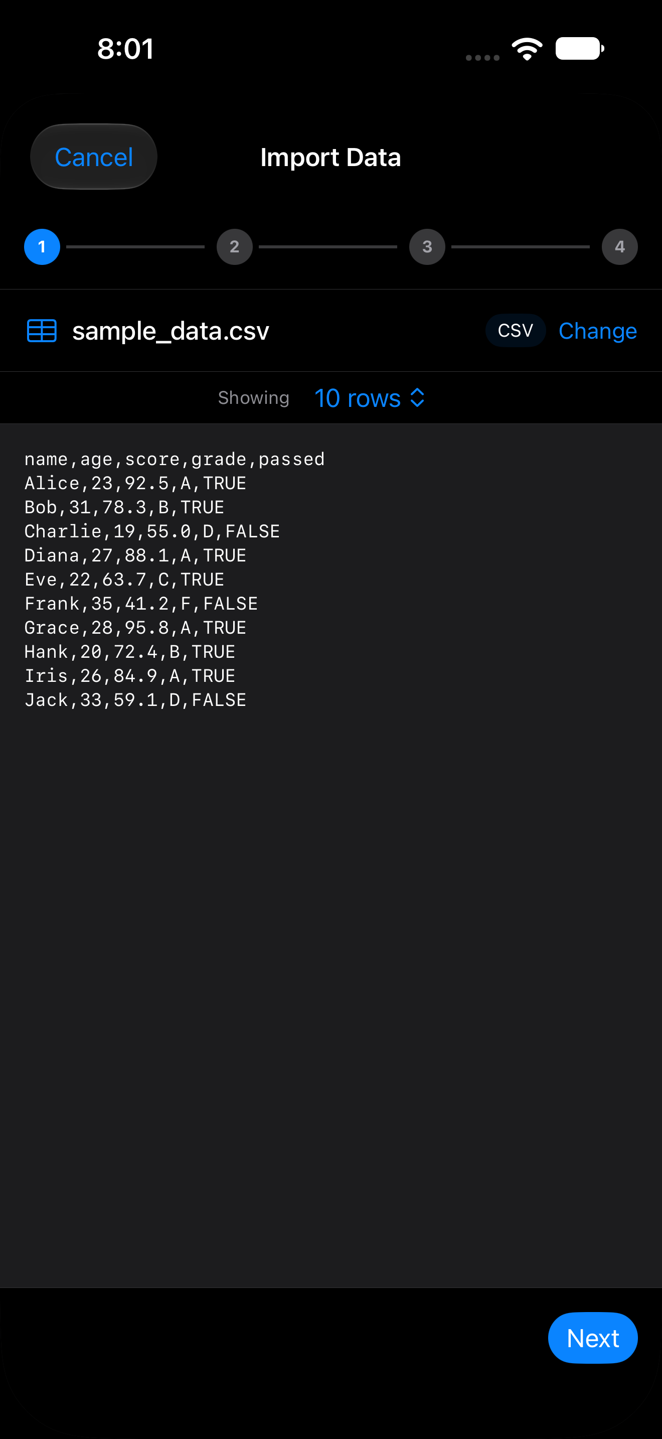Wizard showing detected format, row count and raw preview on iPhone in dark mode