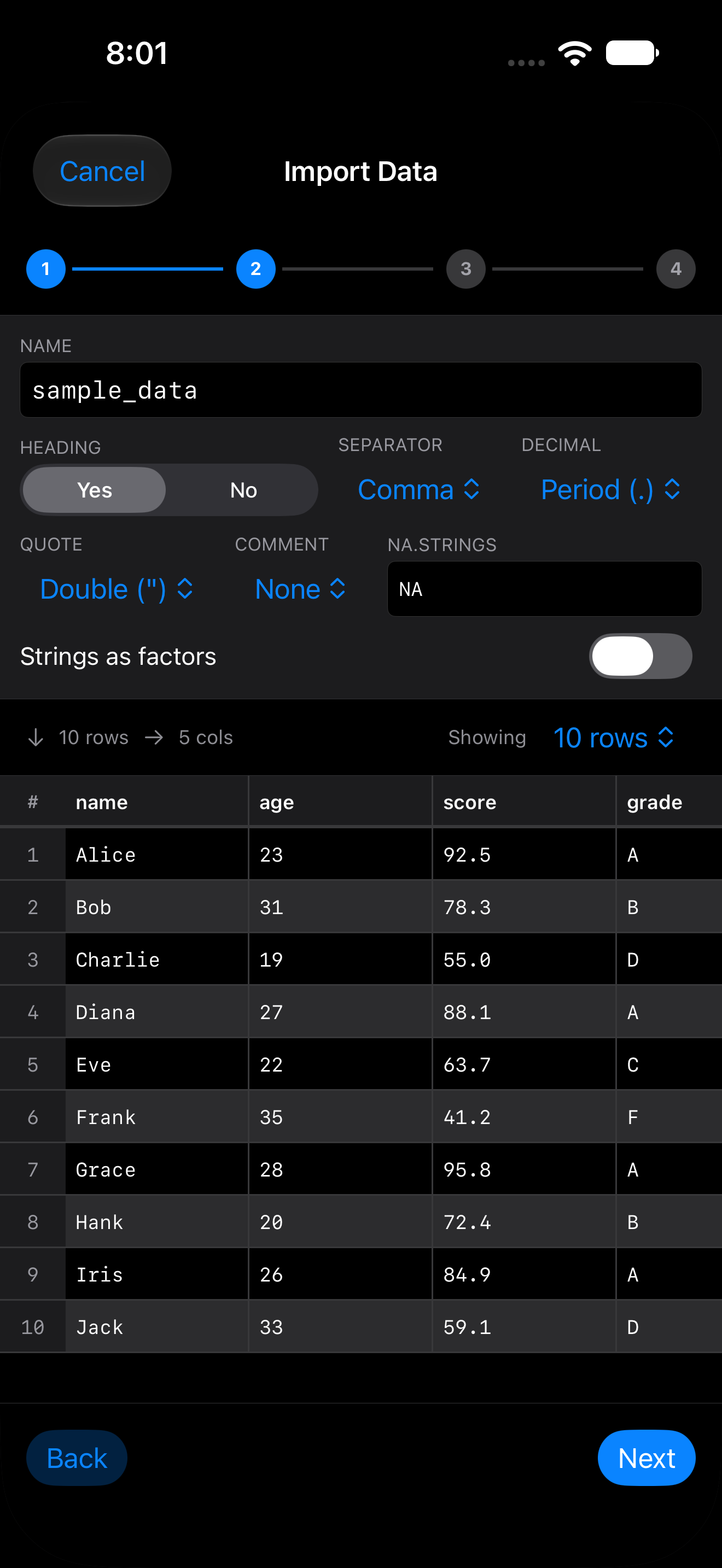 Wizard parsing options with live data preview on iPhone in dark mode