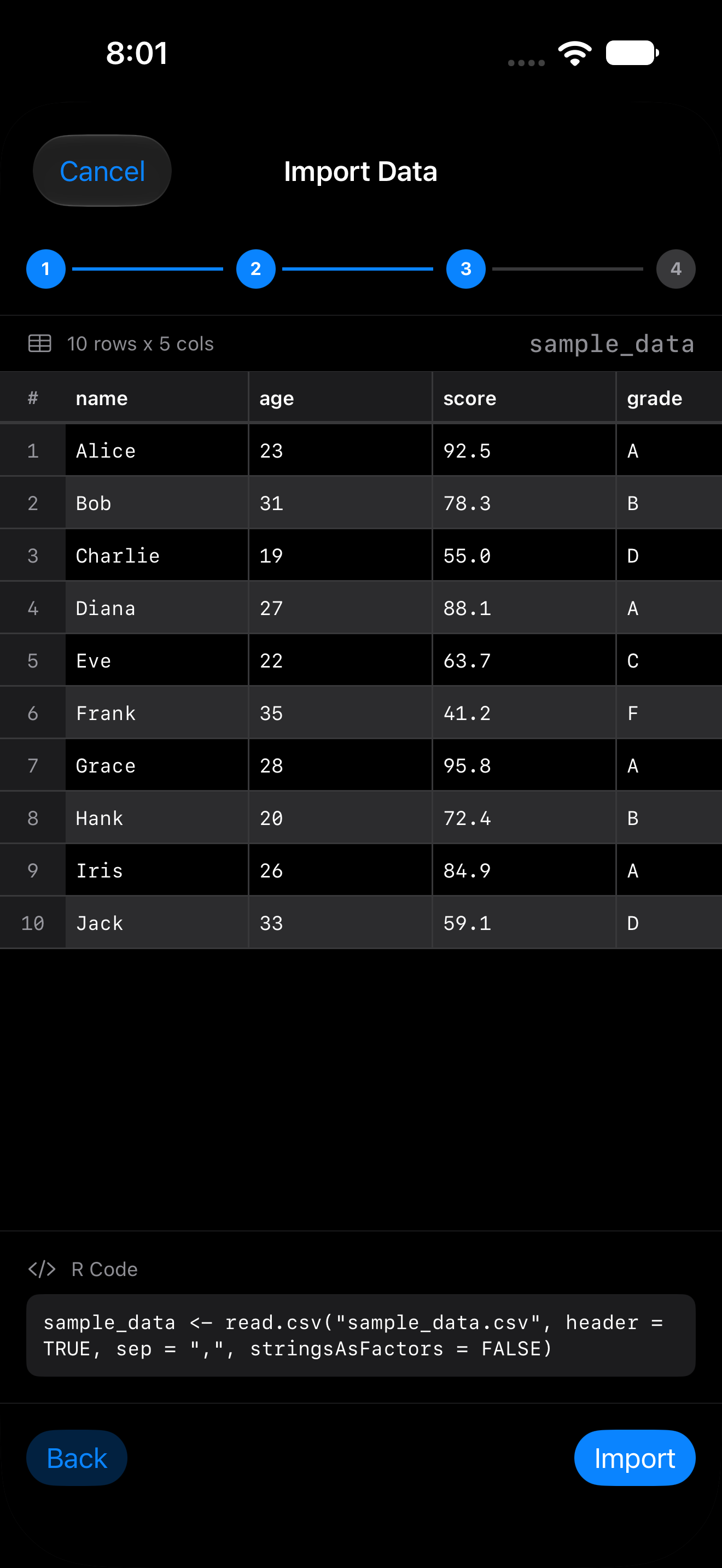 Wizard review step showing the generated read.csv call on iPhone in dark mode