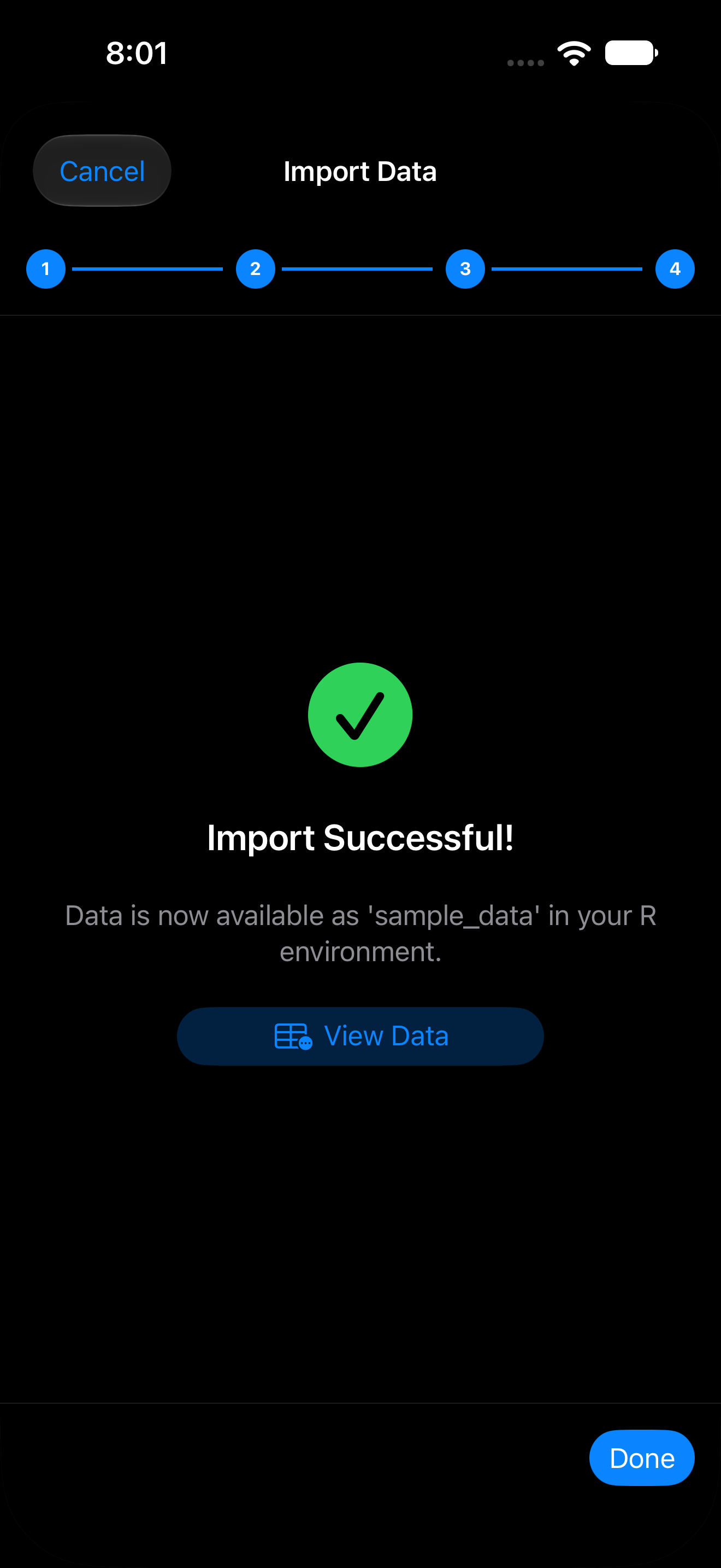 Wizard import success with the View Data button on iPhone in dark mode