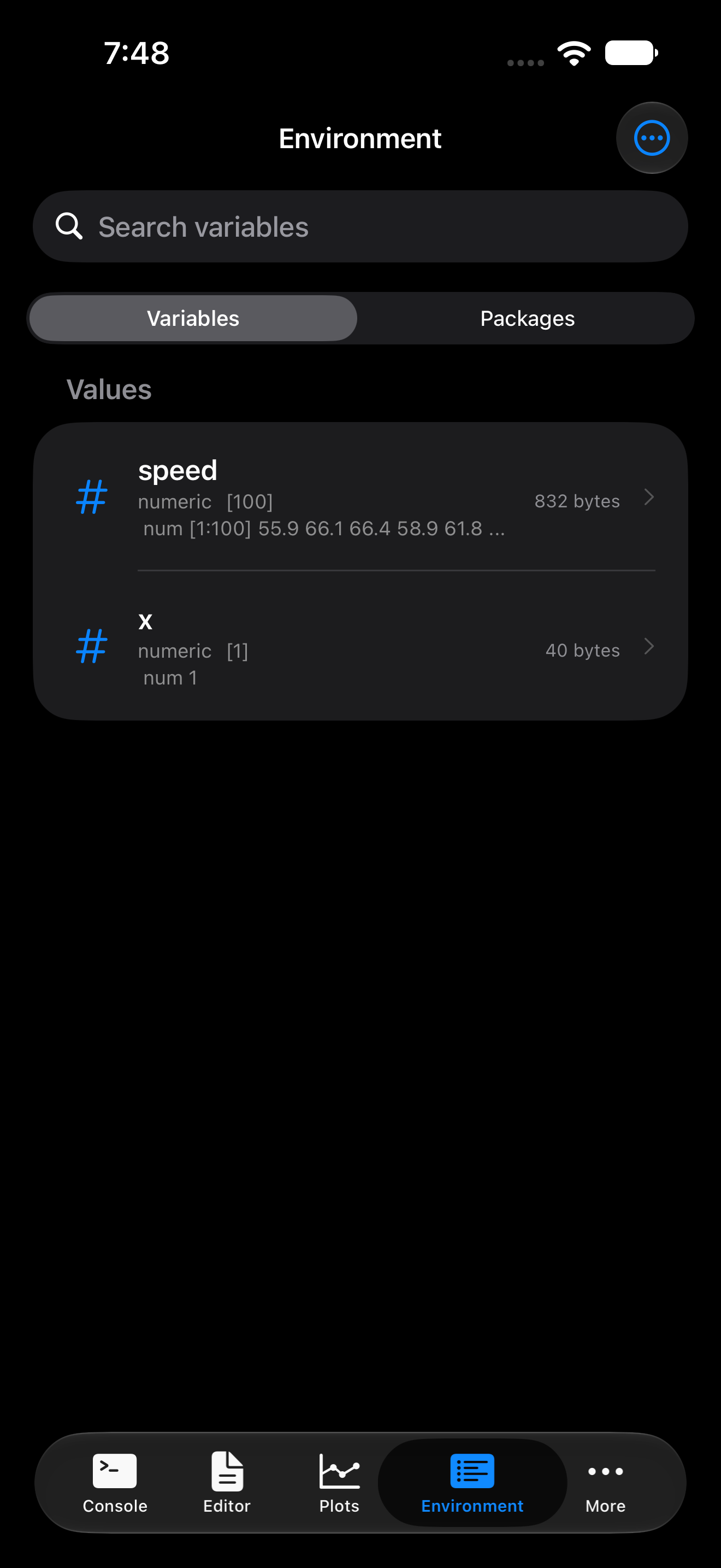 The Environment tab active, listing variables on iPhone