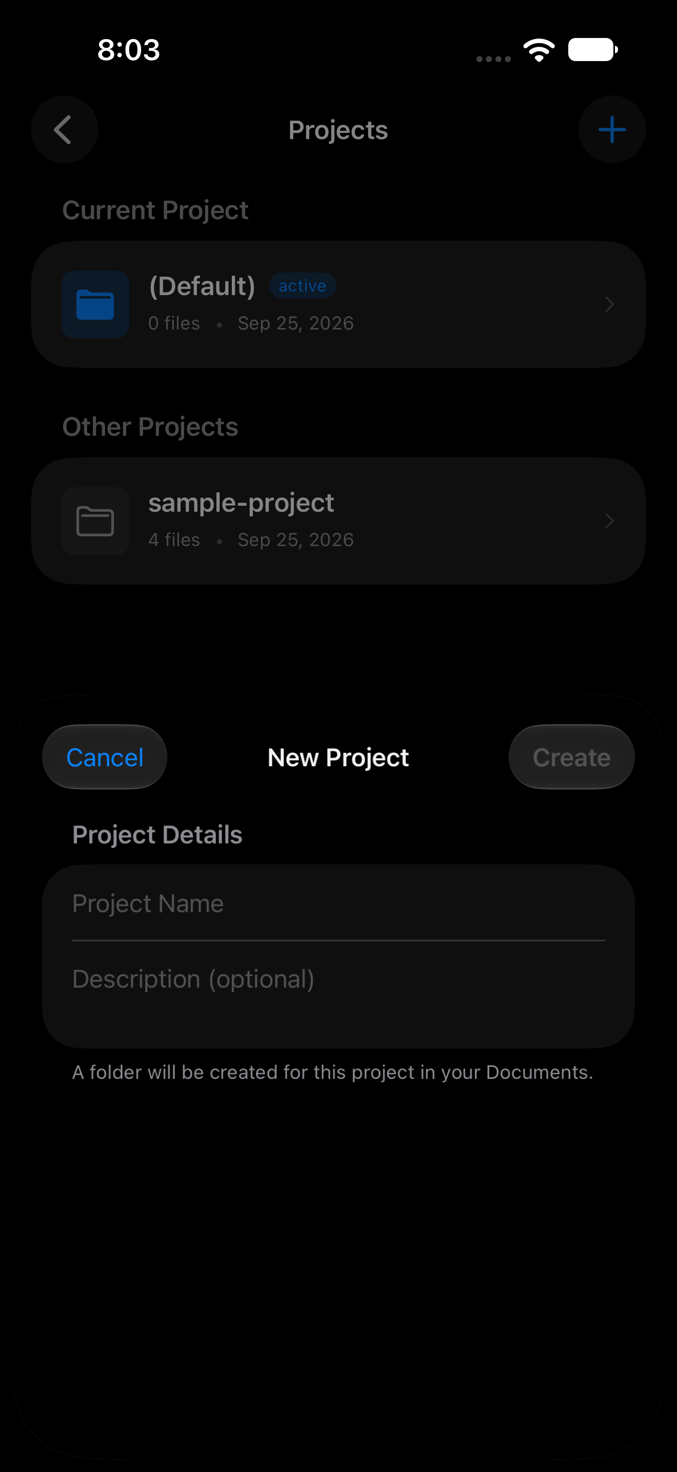 New Project sheet with name and description fields on iPhone in dark mode