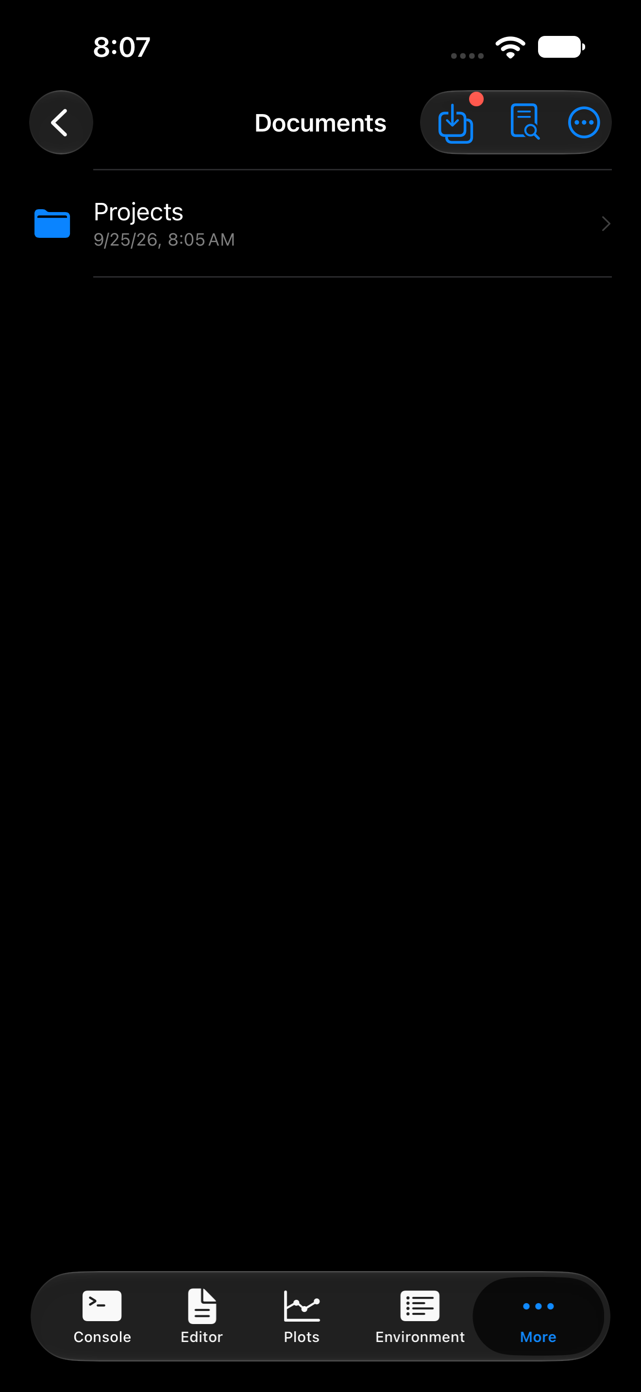 Files toolbar with the shared files notification badge on iPhone in dark mode