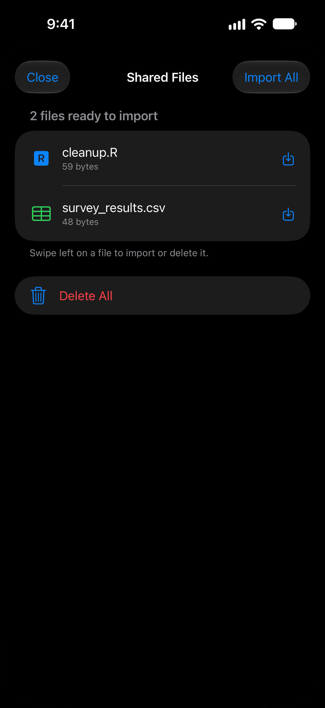Shared files sheet listing files awaiting import on iPhone in dark mode