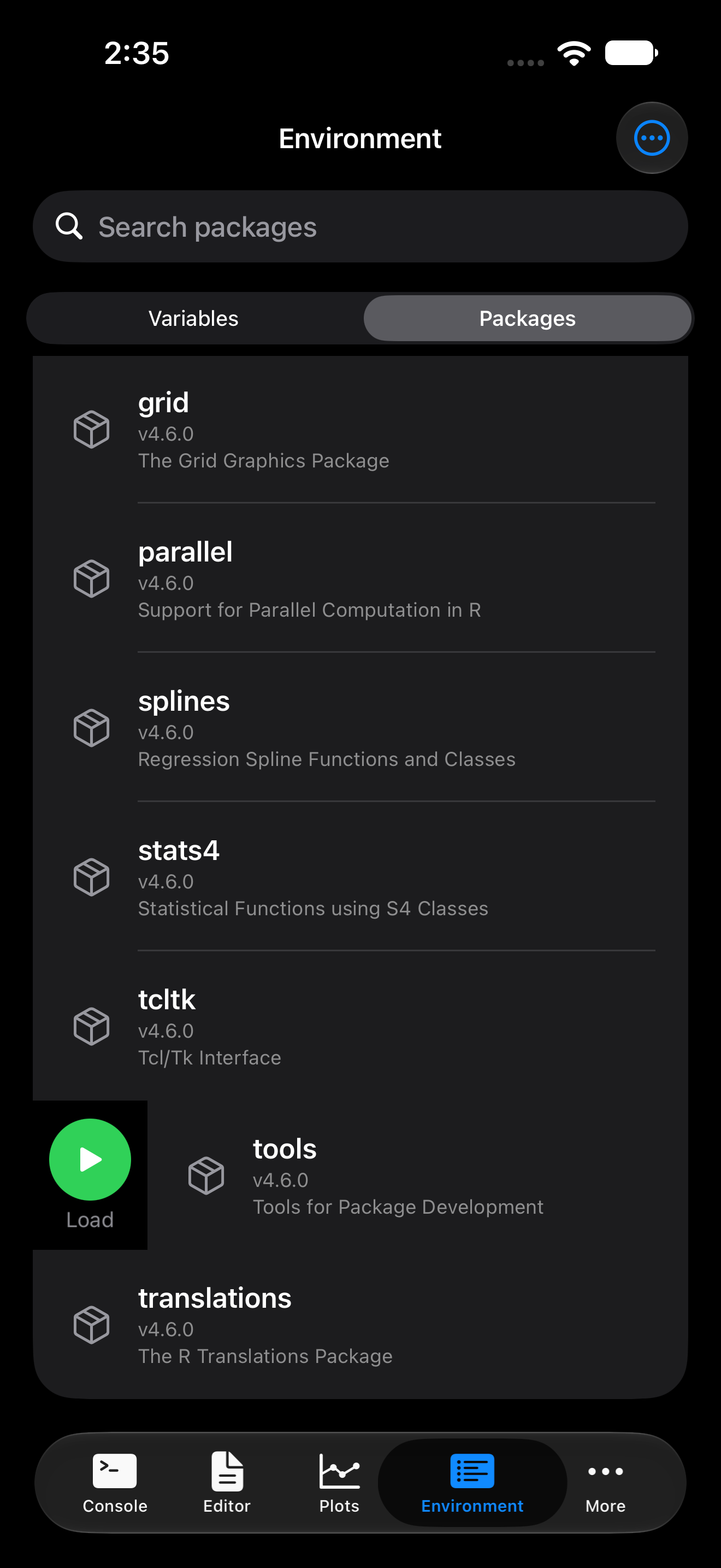 Package row swiped right revealing the green Load button on iPhone in dark mode