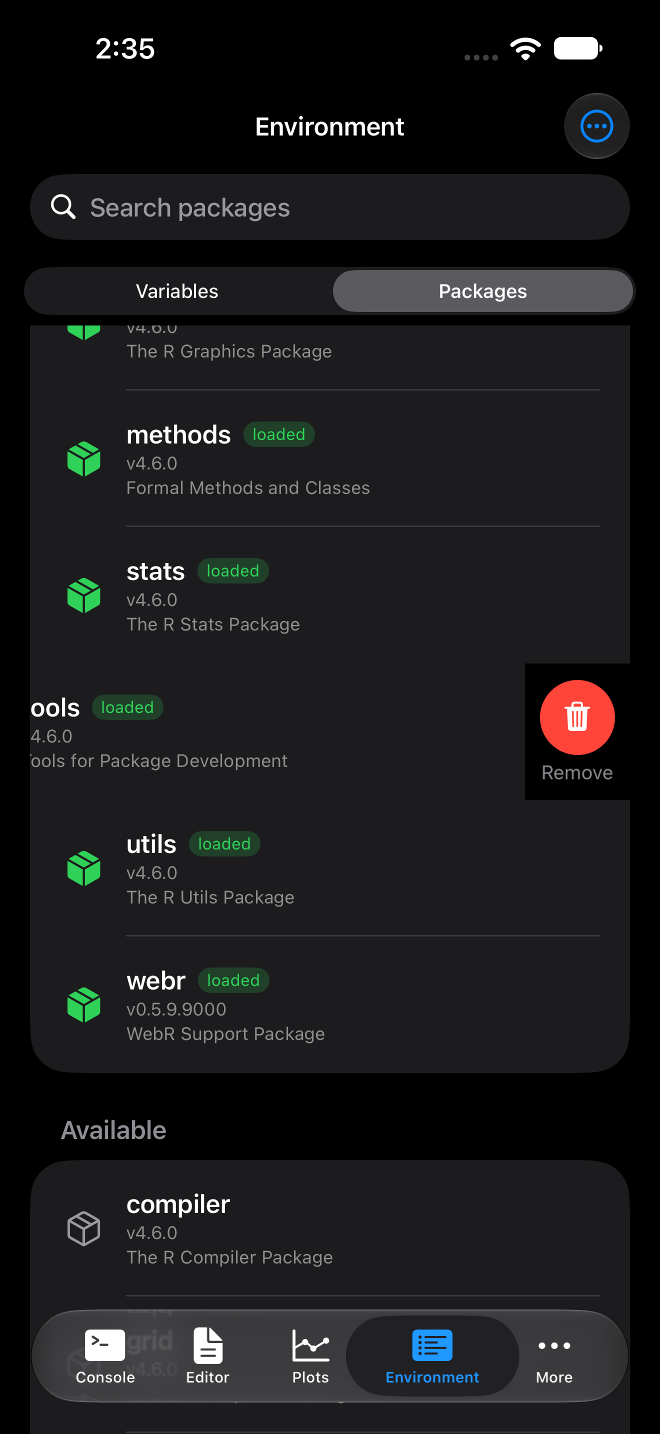 Package row swiped left revealing the Remove button on iPhone in dark mode