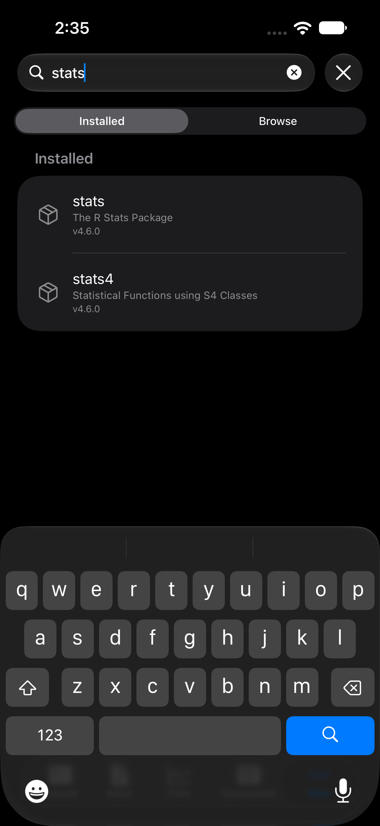 Packages tab search filtering the installed list on iPhone in dark mode